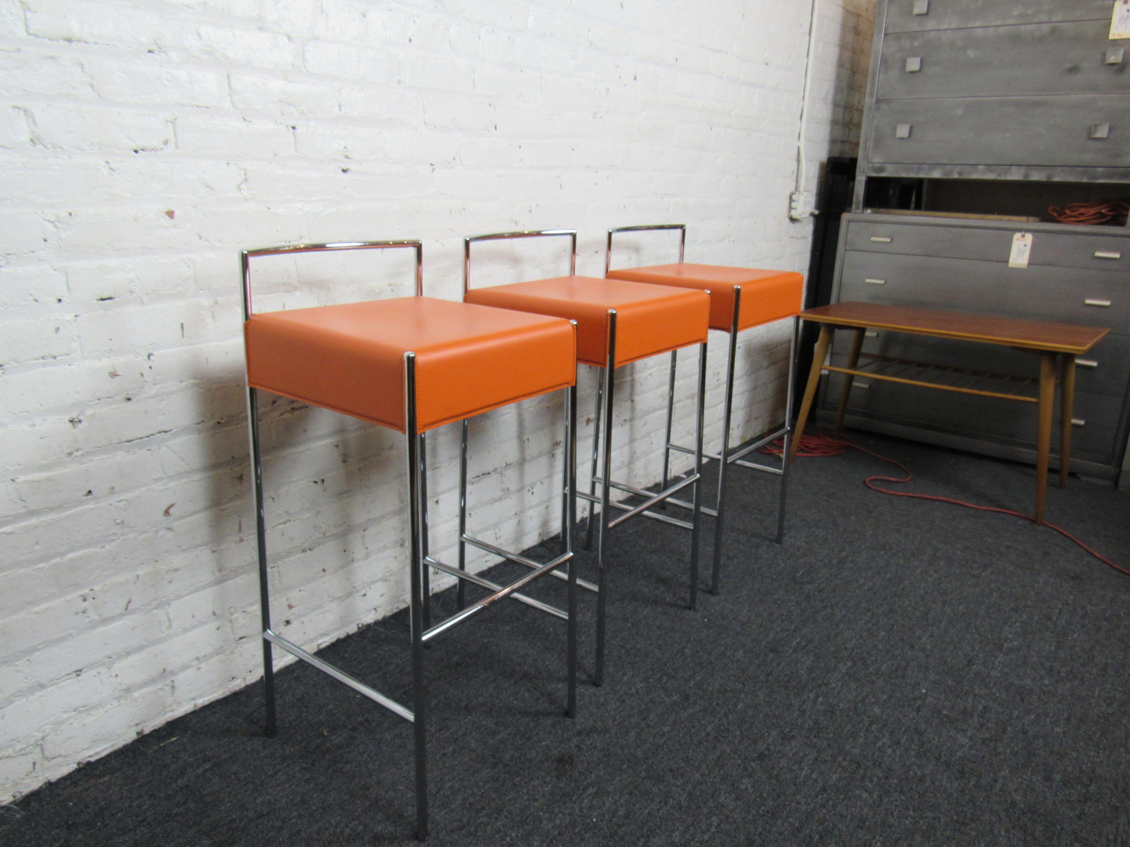 Set of Three Orange Mid-Century Modern Stools In Good Condition In Brooklyn, NY