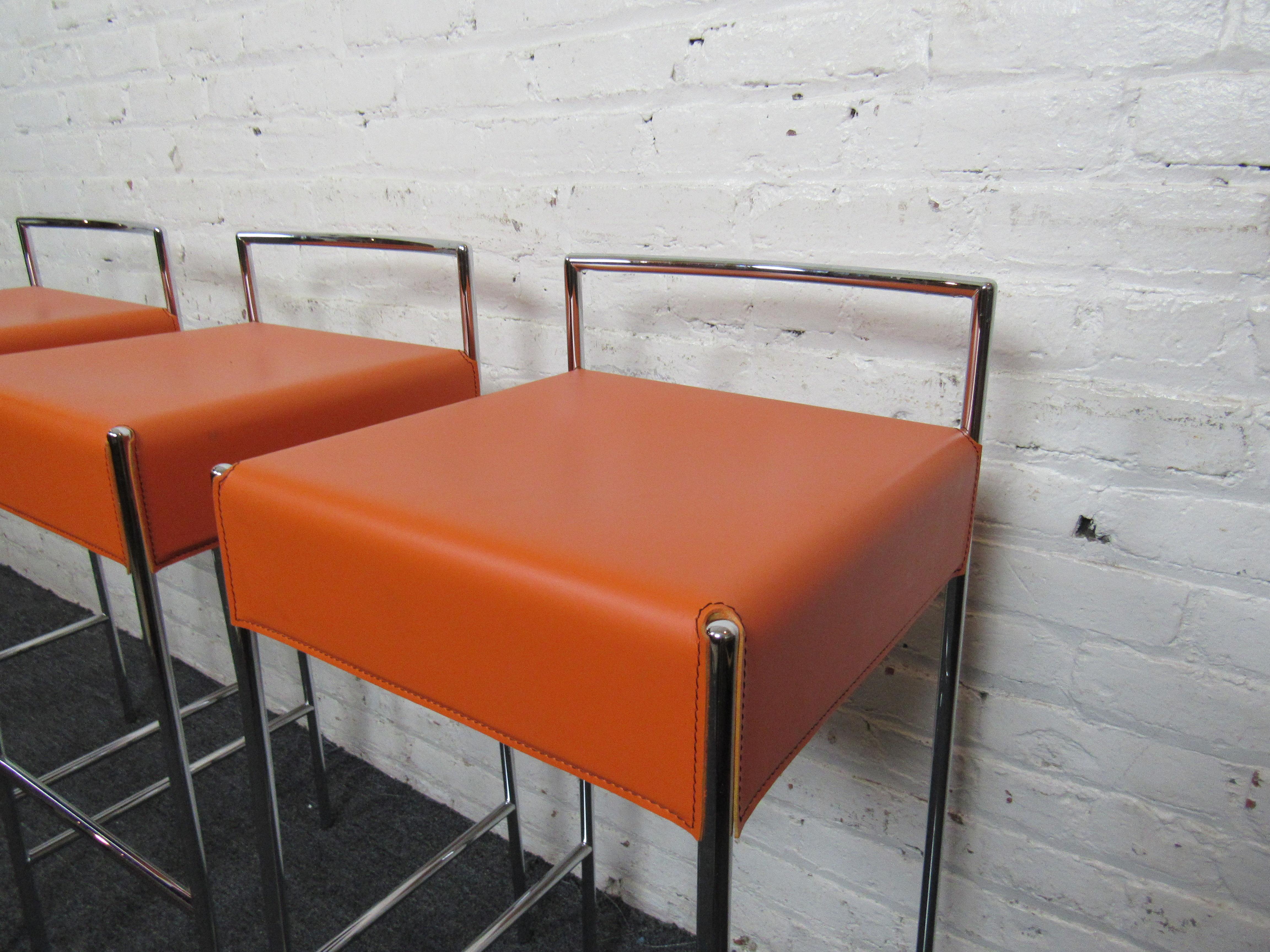 Chrome Set of Three Orange Mid-Century Modern Stools