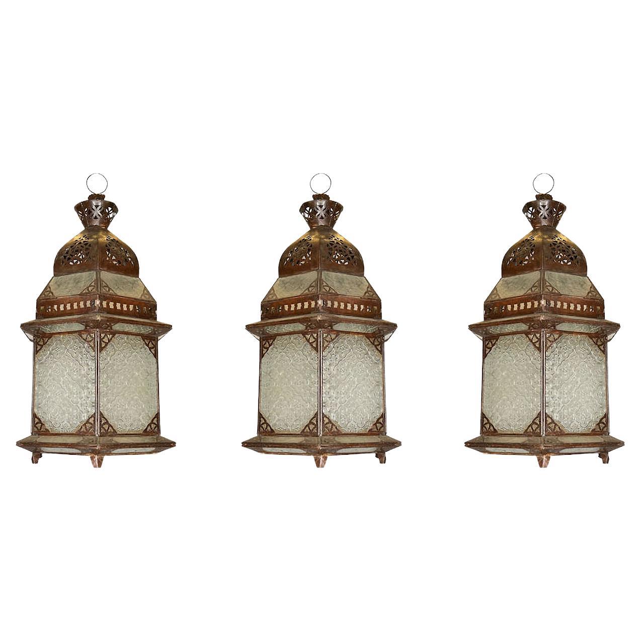 Set of Three Oriental Style Metal Lanterns For Sale