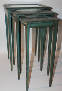Set of Three Original Blue Painted Nesting/Side Tables