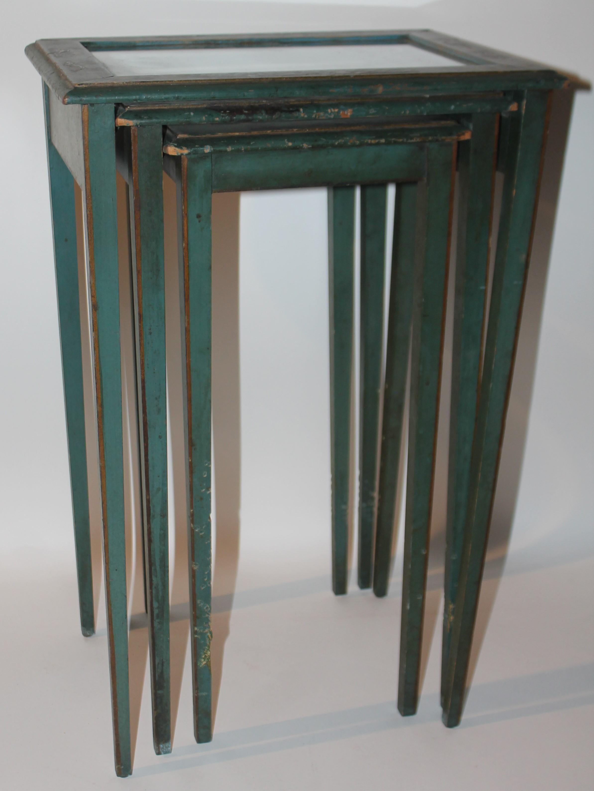 Adirondack Set of Three Original Blue Painted Nesting/Side Tables For Sale