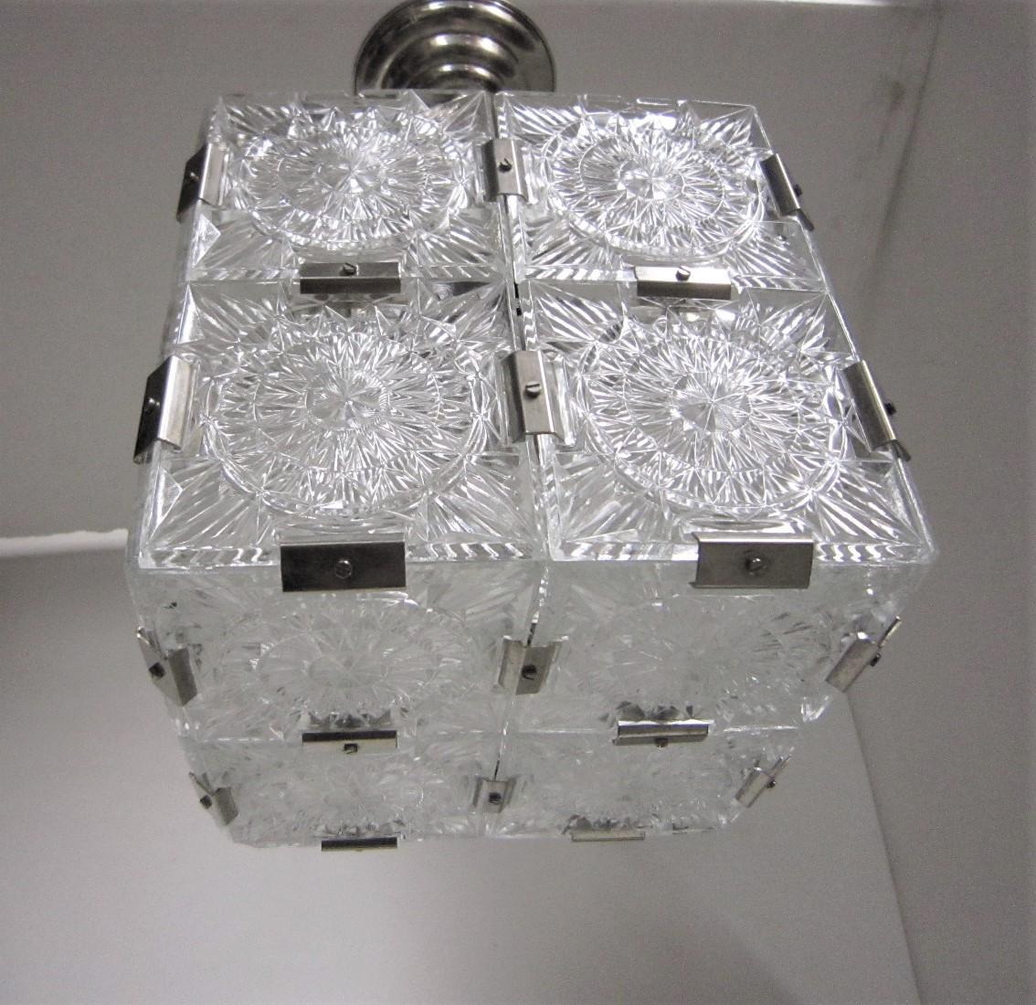 Set of Three Original Box Cube Pendant Lights, Cut Glass with Nickeled Clips For Sale 10