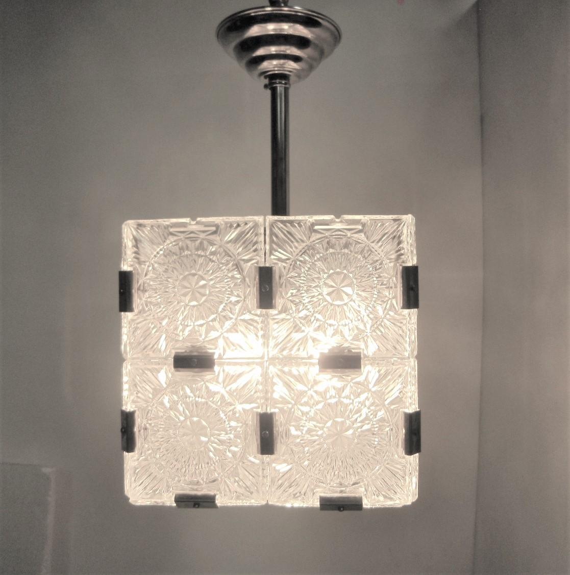 German Set of Three Original Box Cube Pendant Lights, Cut Glass with Nickeled Clips For Sale