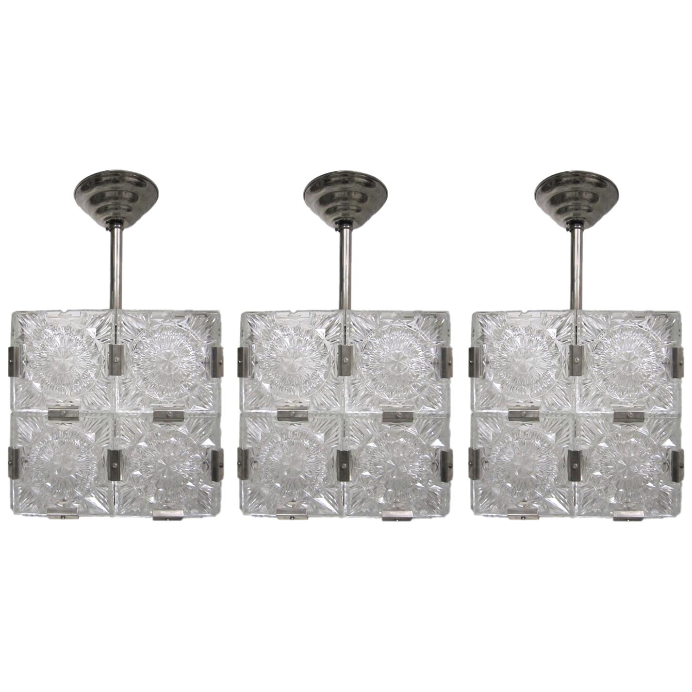 Set of Three Original Box Cube Pendant Lights, Cut Glass with Nickeled Clips For Sale