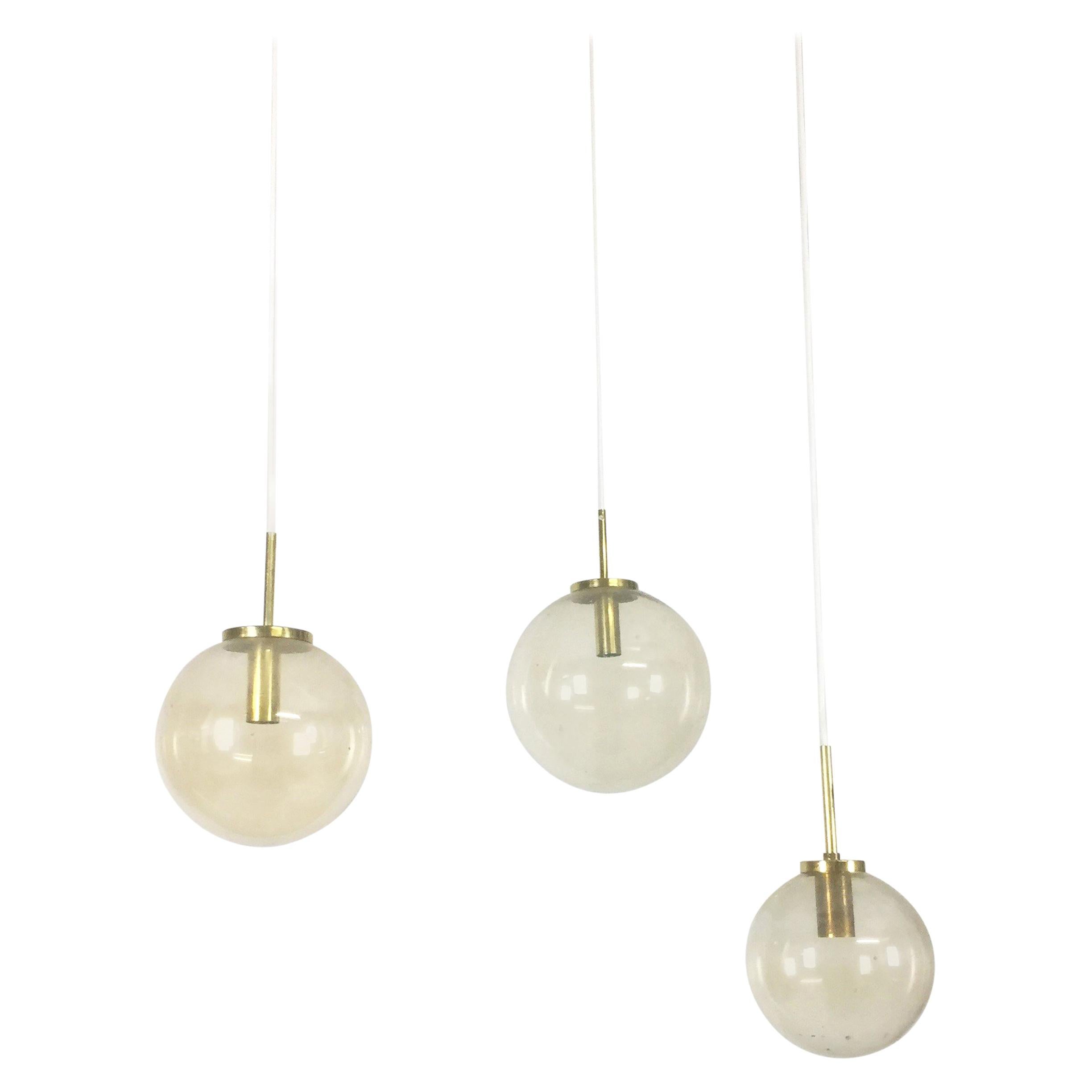 Set of Three Original German Ball Glass Hanging Light, Glashütte Limburg Germany For Sale