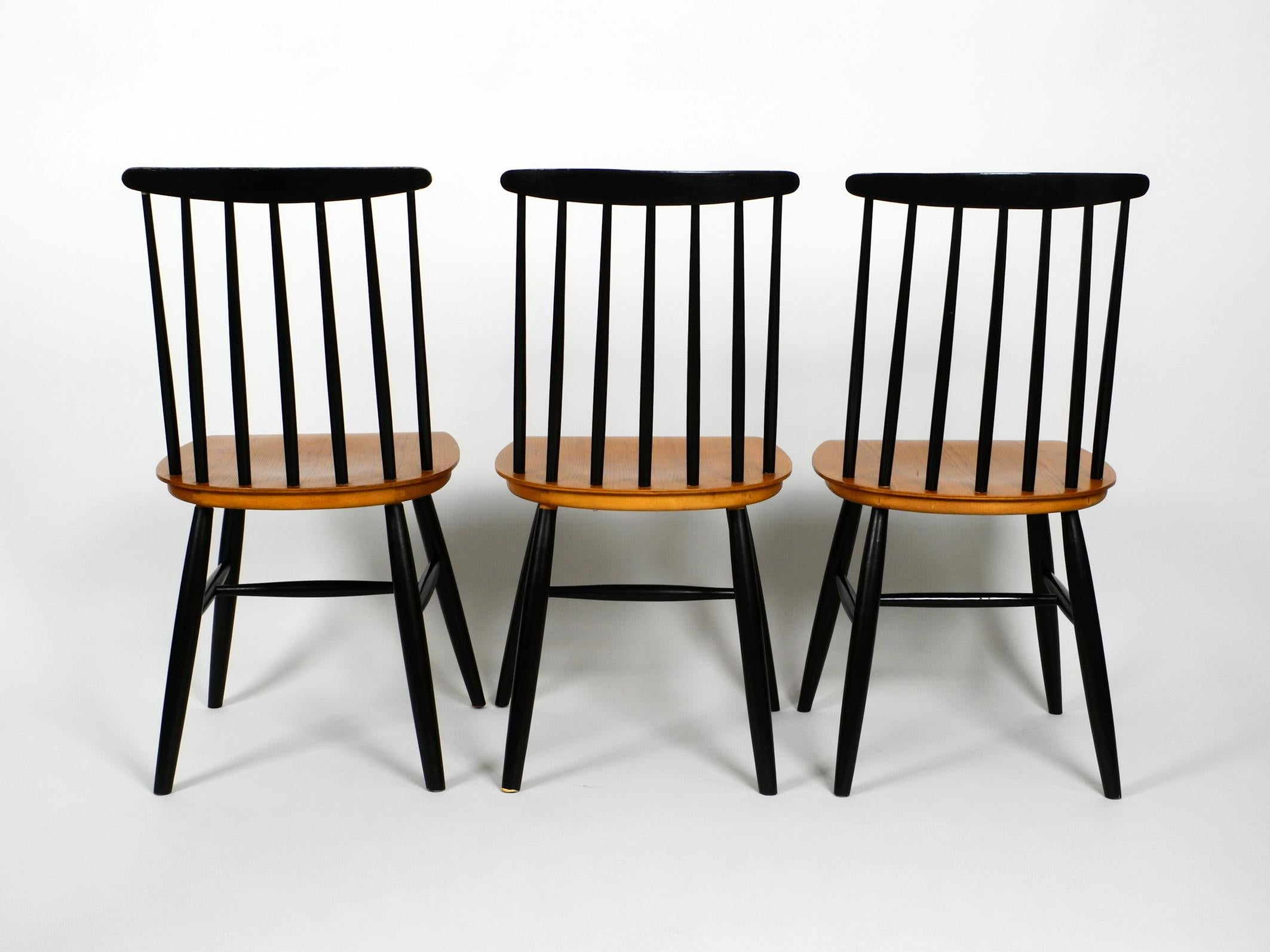 German Set of Three Original Midcentury Wood Spindle Back Chairs with Teak Seat For Sale