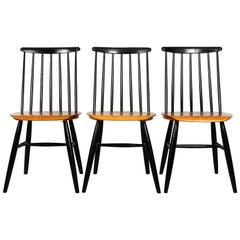 Set of Three Original Midcentury Wood Spindle Back Chairs with Teak Seat
