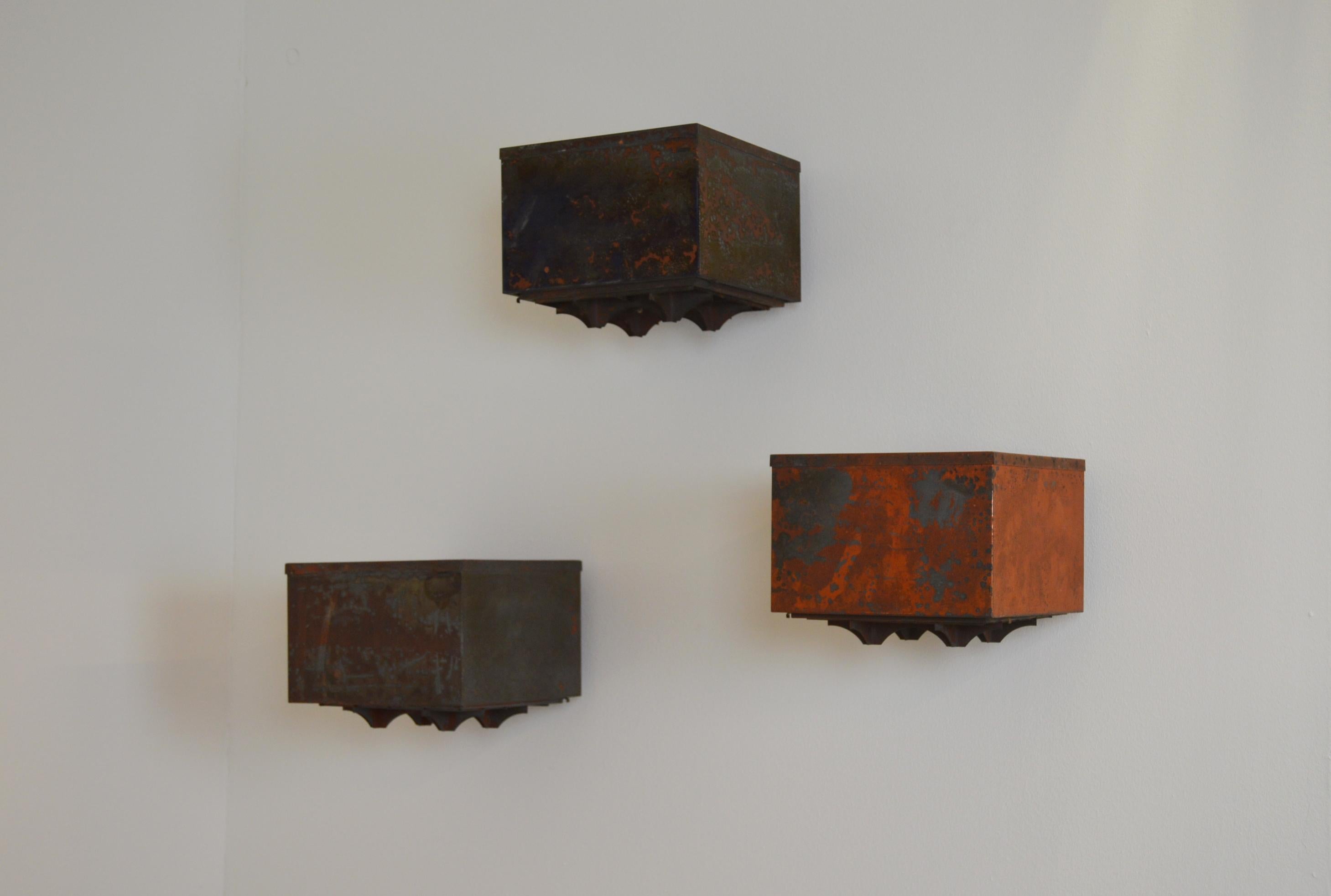 This set consists three outdoor wall lamps designed by Falkenbergs Belysning in Sweden during the 1960s or 1970s.
They have been mounted outdoors for a long time and have been aged with dignity and received a lot of patina.