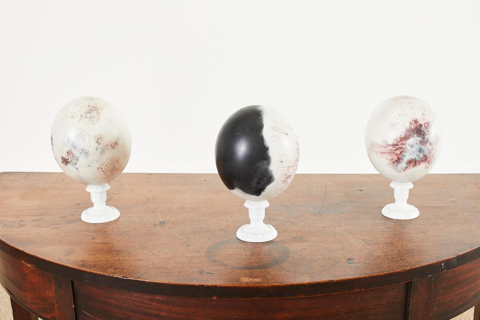 Fascinating set of three ostrich egg specimens that have been painted or dyed. Beautifully crafted pieces perfect for a cabinet of curiosities or display on a pedestal. Each one is unique and different. Display stands are not included, the price is