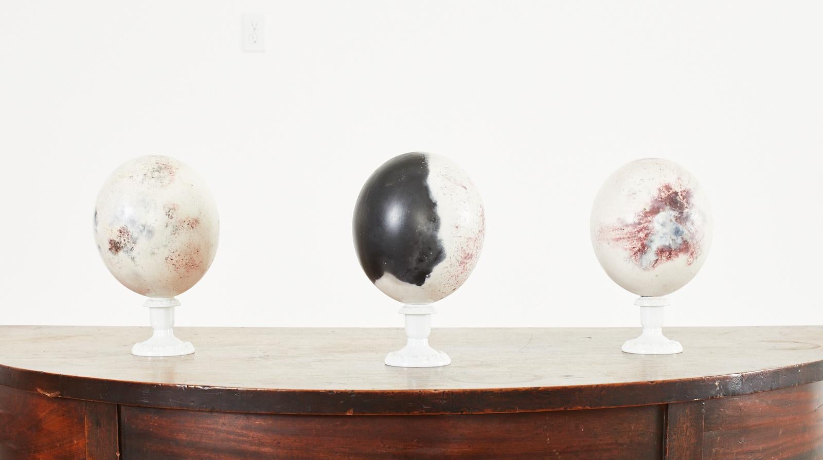 American Set of Three Painted Dyed Ostrich Egg Specimens For Sale