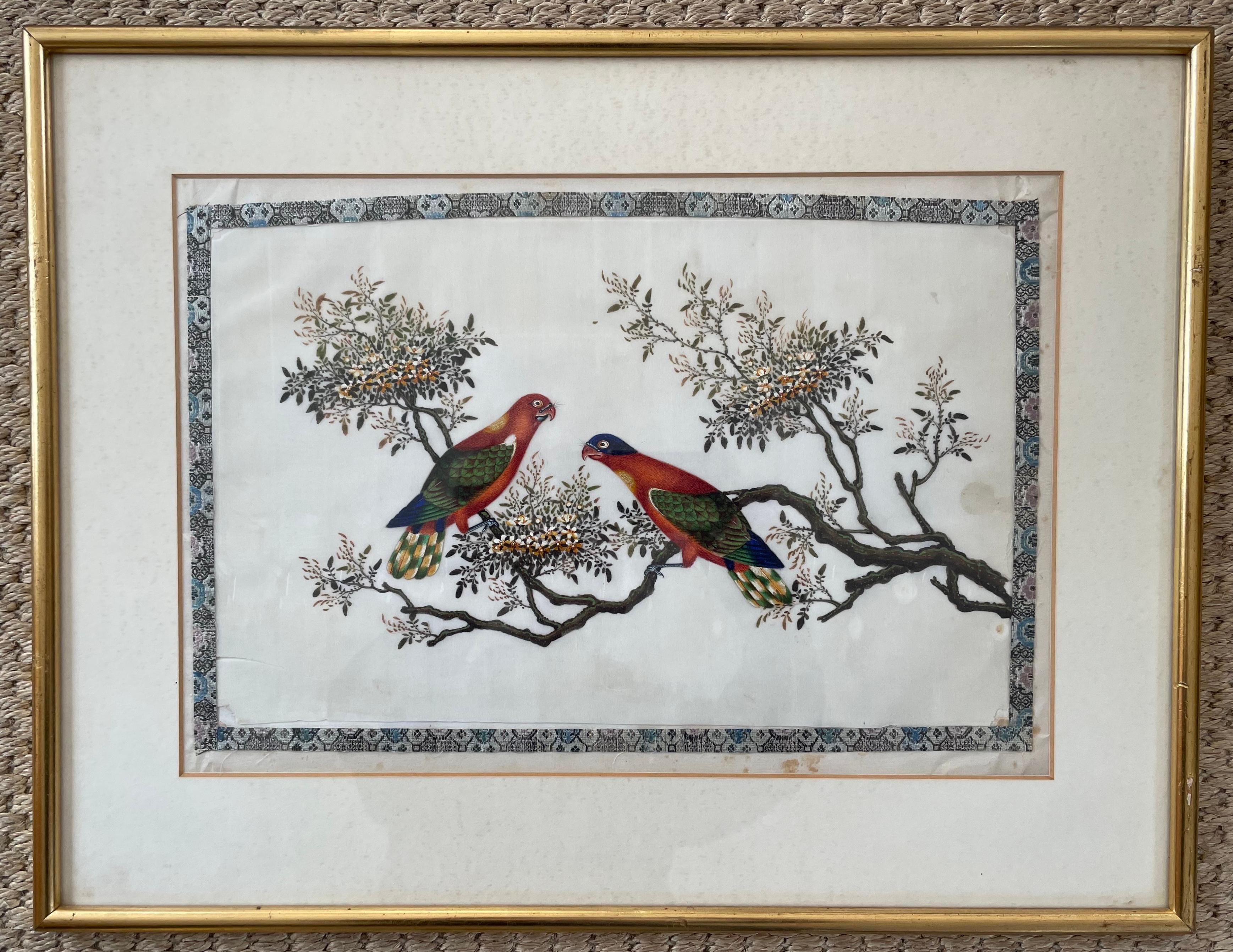 Hand-Painted Set of Three Painted Silk Bird Paintings
