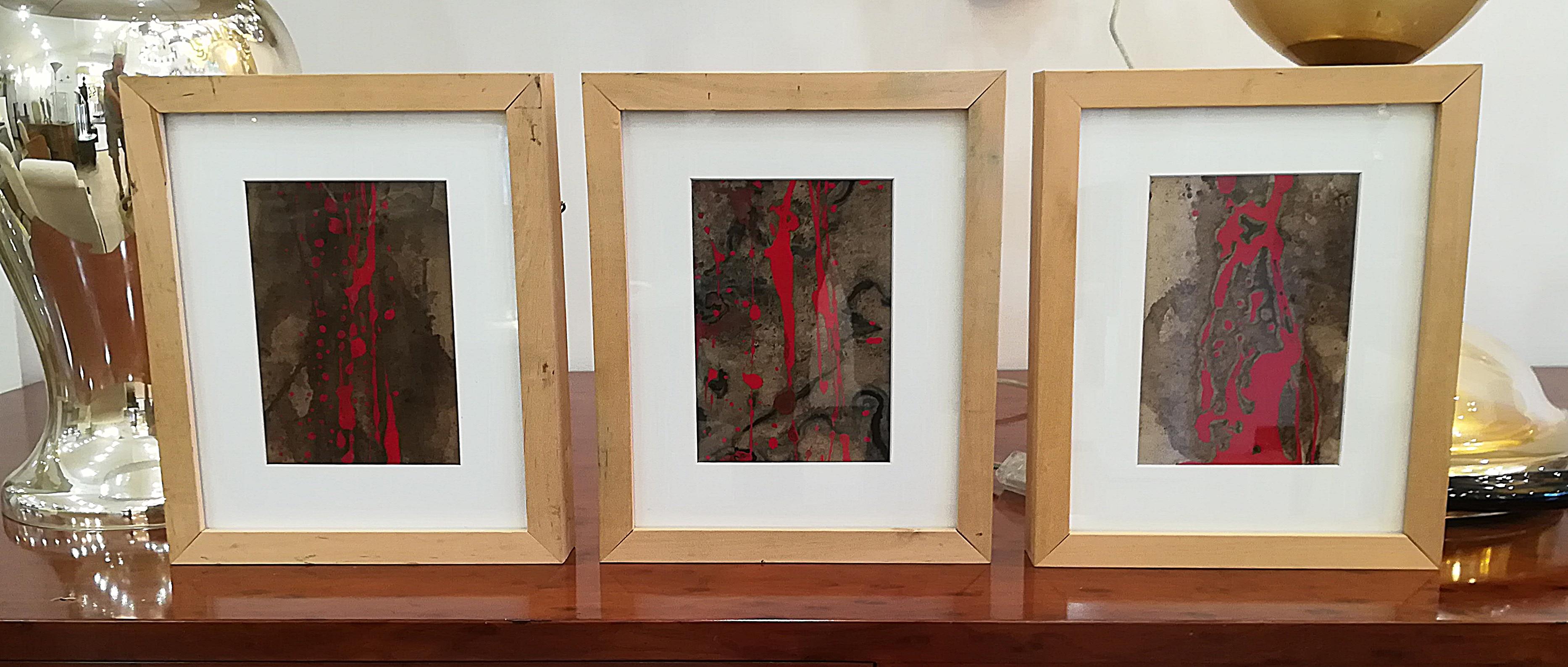 Set of three paintings on paper by Daniela Wicki, framed, all signed on the reverse (2007)
mixed-media, oil and charcoal.
Dimensions: 16.5cm x 11.5cm, 29cm x 23cm with frame.