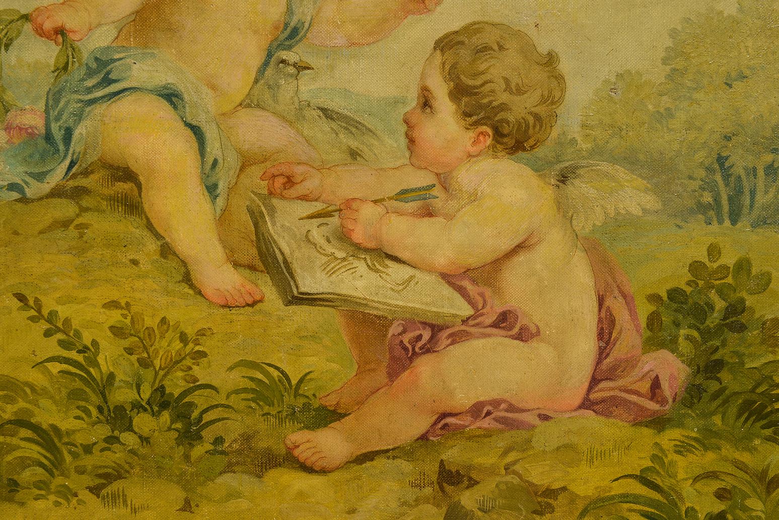 Rare Set of Three Paintings with Putti from Aubusson Tapestry School  For Sale 5