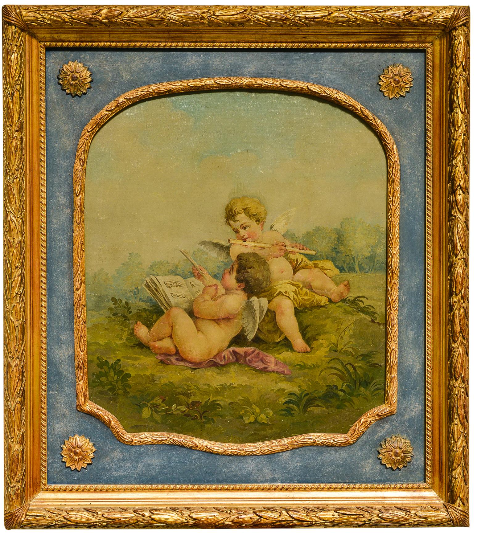 Oiled Rare Set of Three Paintings with Putti from Aubusson Tapestry School  For Sale
