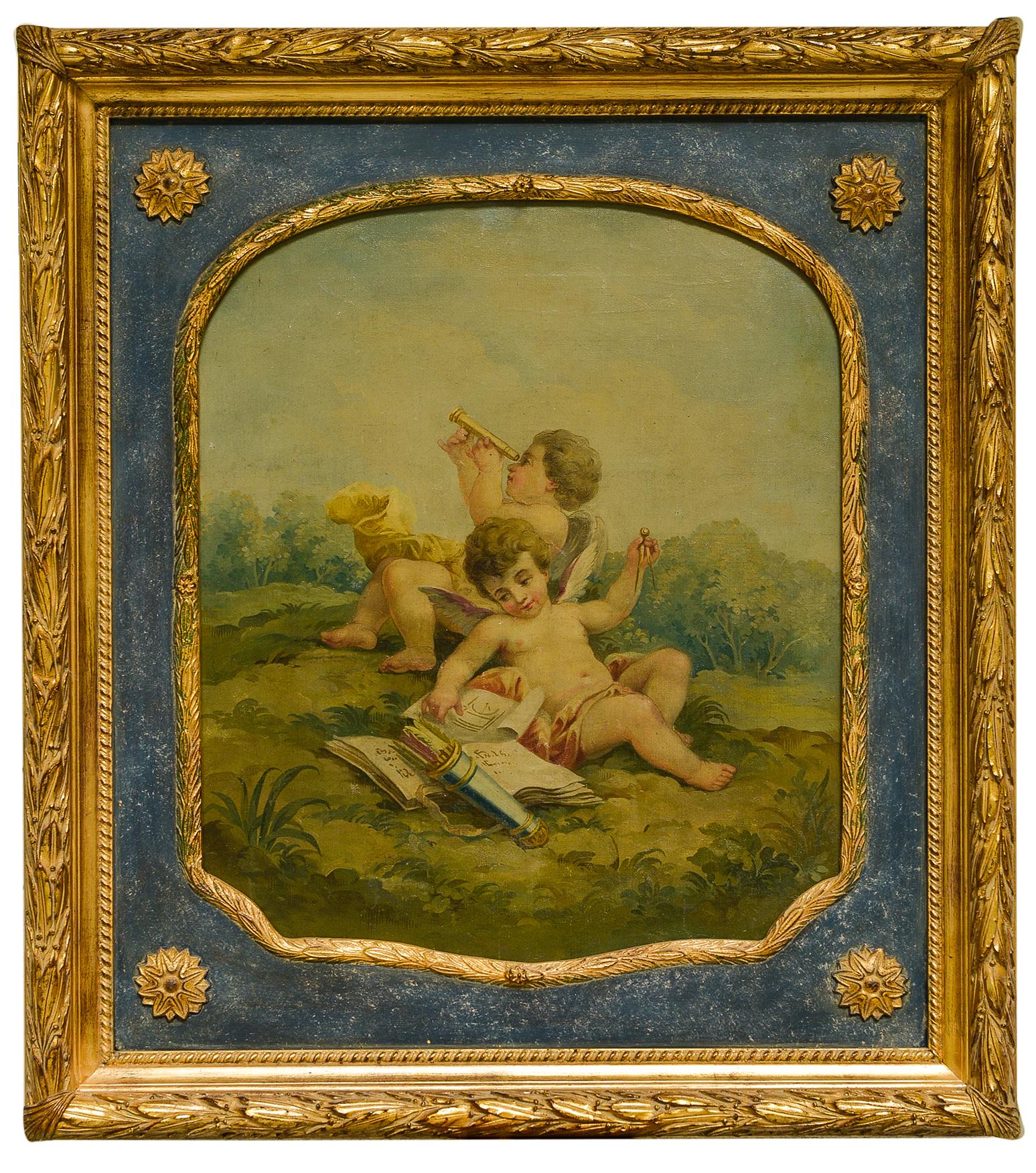 Rare Set of Three Paintings with Putti from Aubusson Tapestry School  In Excellent Condition For Sale In Alessandria, Piemonte