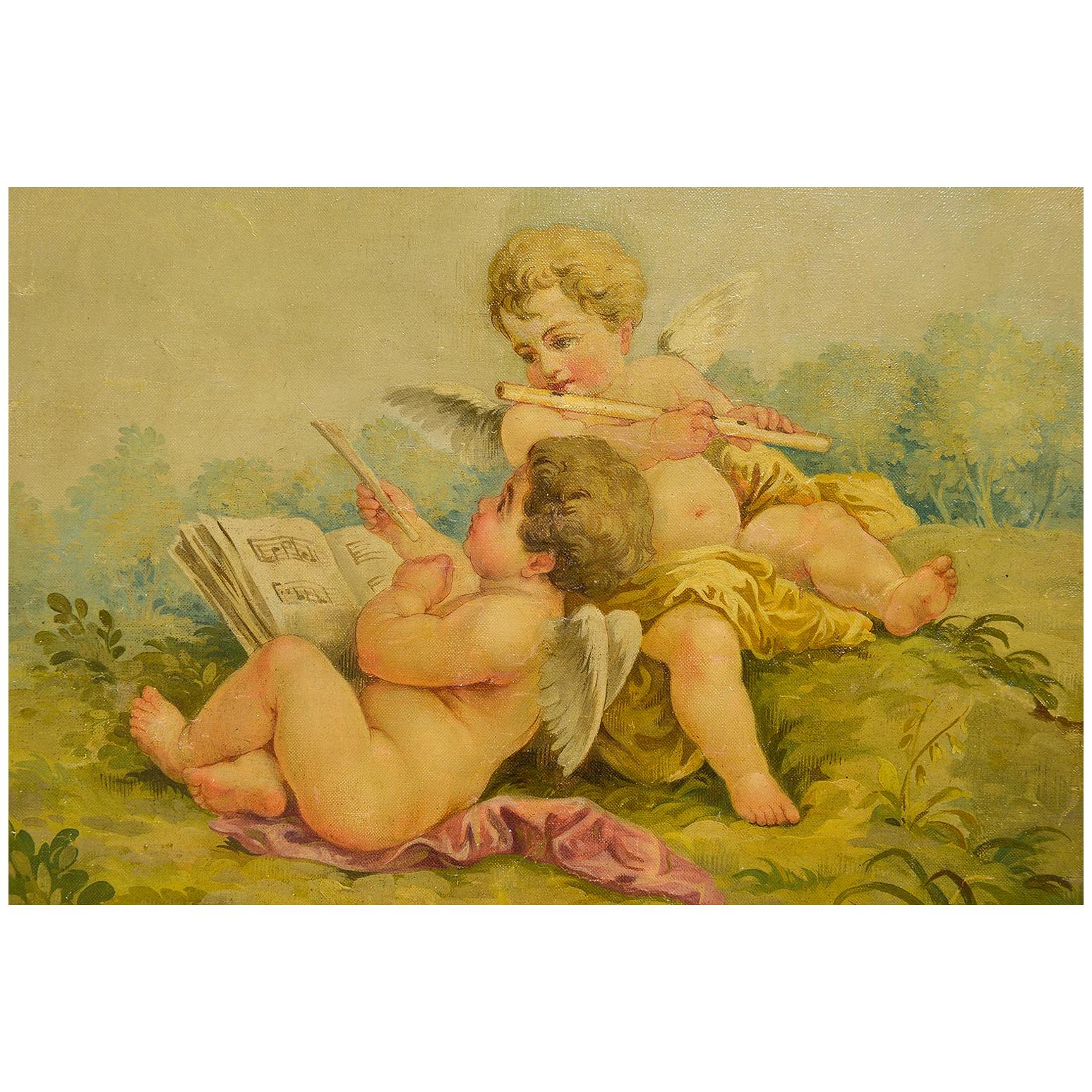 French Rare Set of Three Paintings with Putti from Aubusson Tapestry School  For Sale