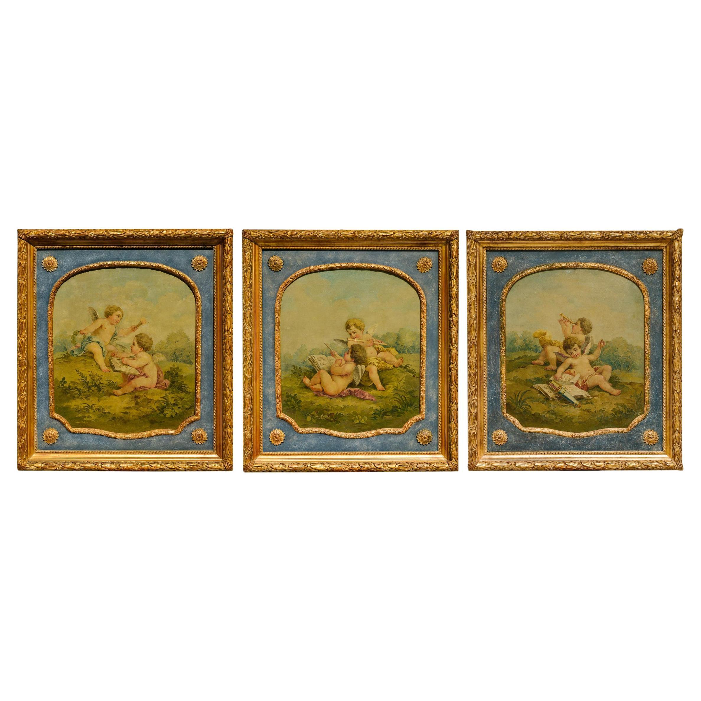 Rare Set of Three Paintings with Putti from Aubusson Tapestry School 