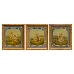 Antique Rare Set of Three Paintings with Putti from Aubusson Tapestry School 