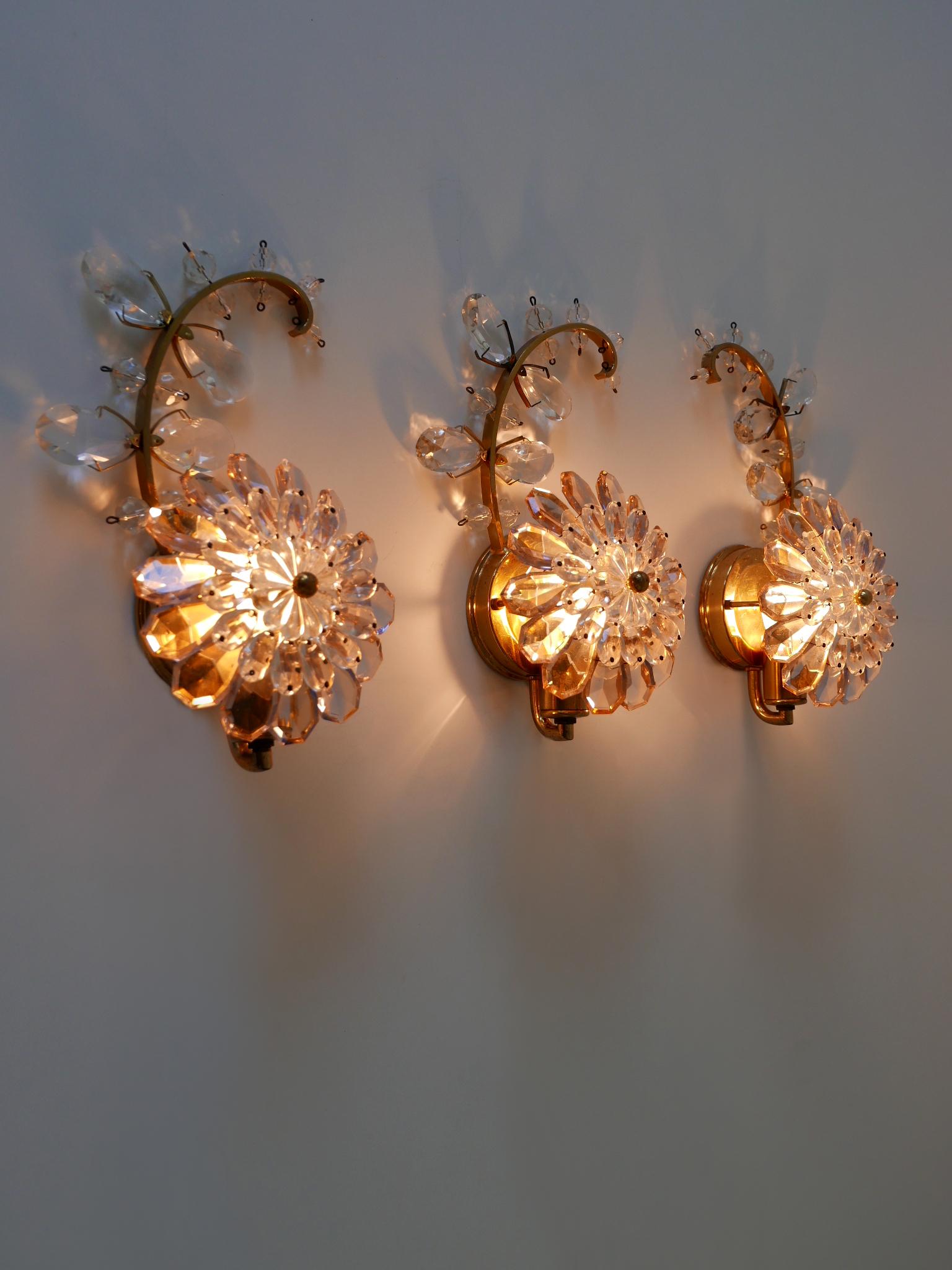 Set of Three Palwa Iridescent Crystal Glass & Brass Flower Sconces or Wall Lamps For Sale 3
