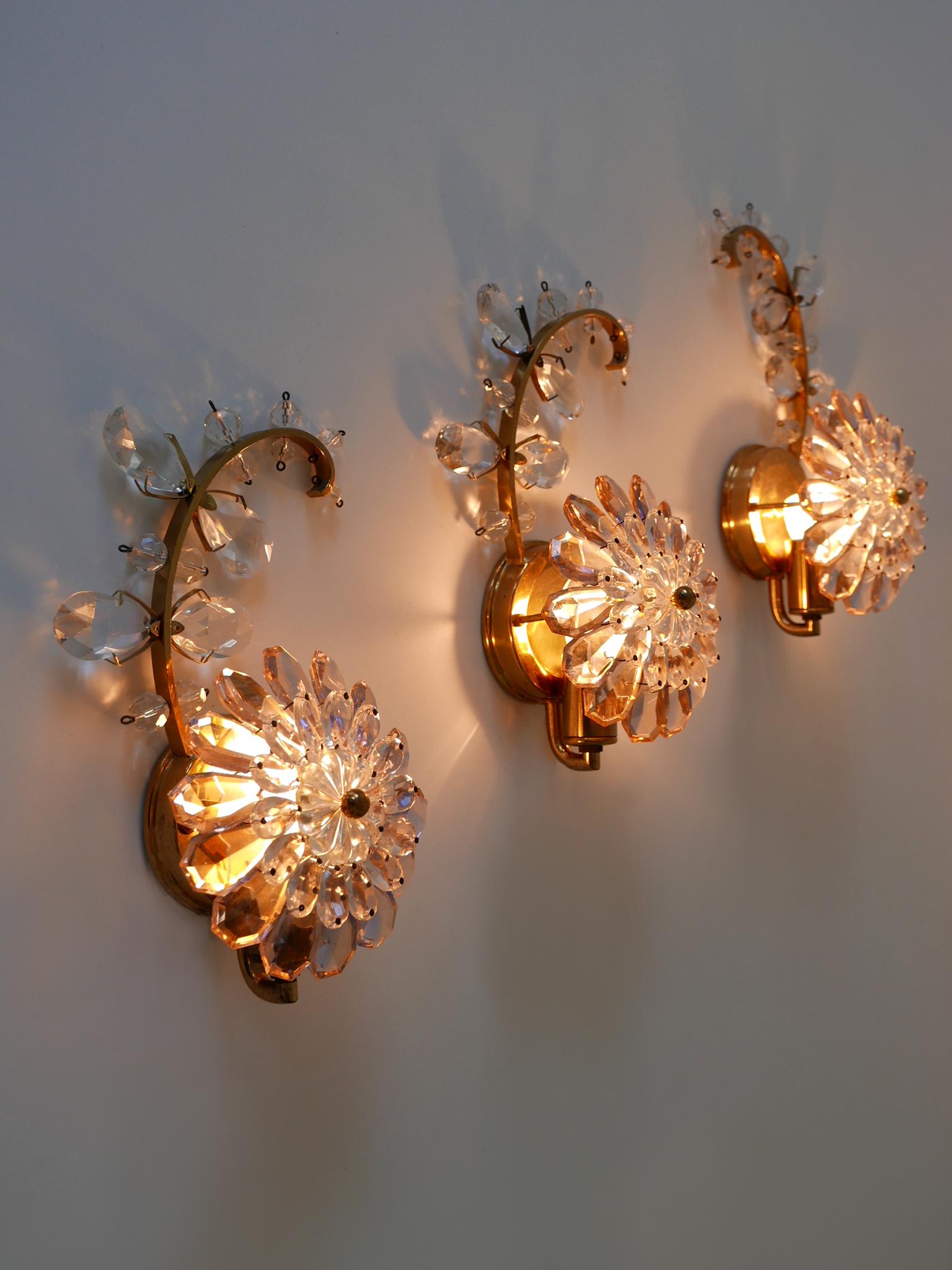 Set of Three Palwa Iridescent Crystal Glass & Brass Flower Sconces or Wall Lamps 5