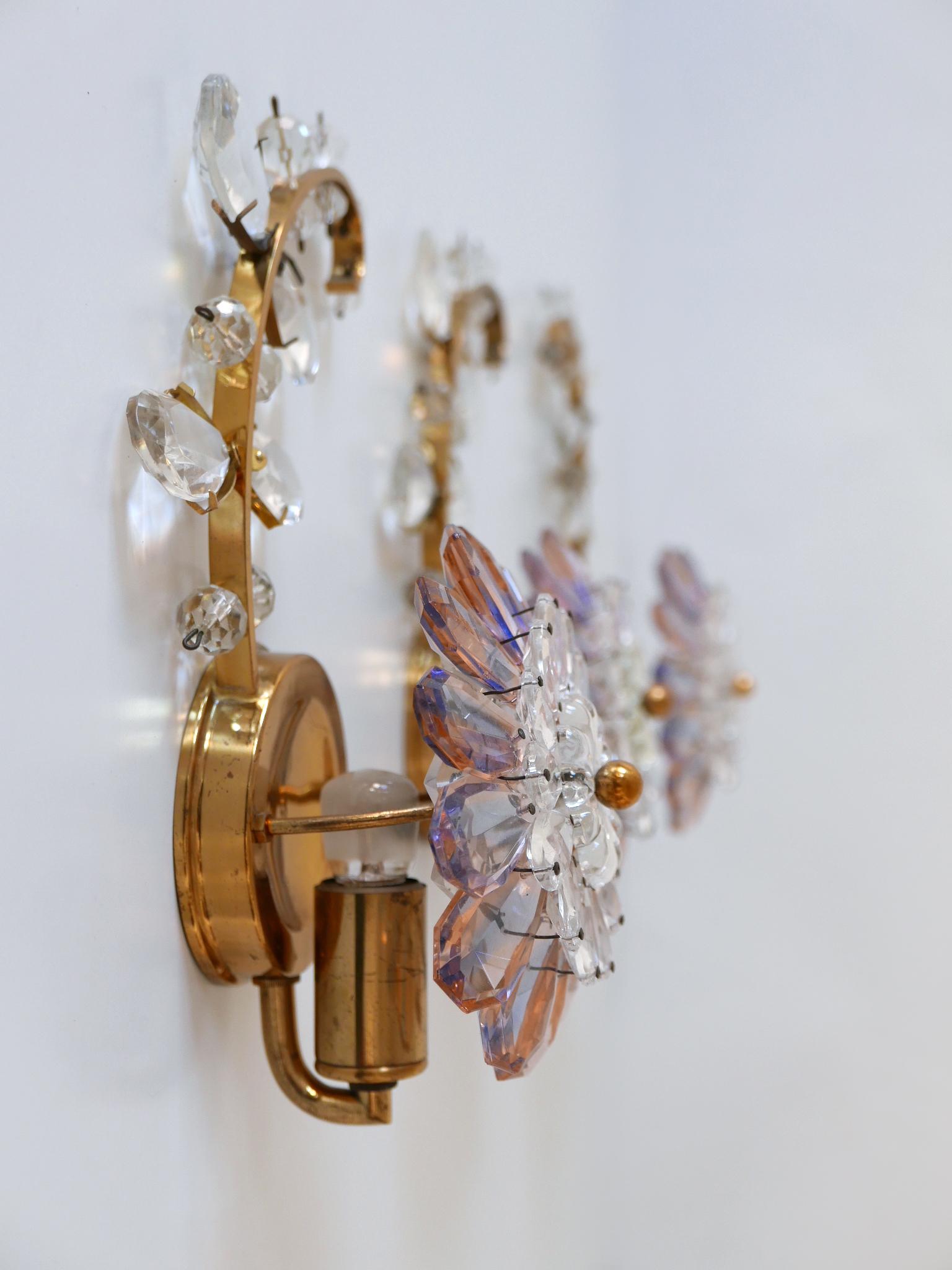 Set of Three Palwa Iridescent Crystal Glass & Brass Flower Sconces or Wall Lamps 6