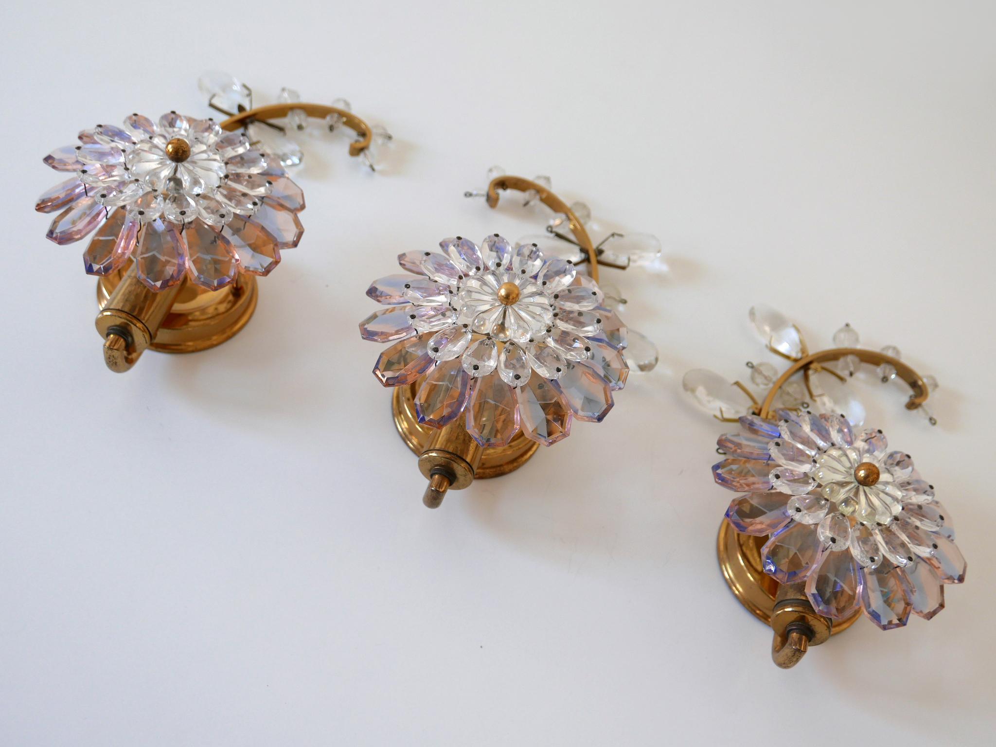 Set of Three Palwa Iridescent Crystal Glass & Brass Flower Sconces or Wall Lamps For Sale 7