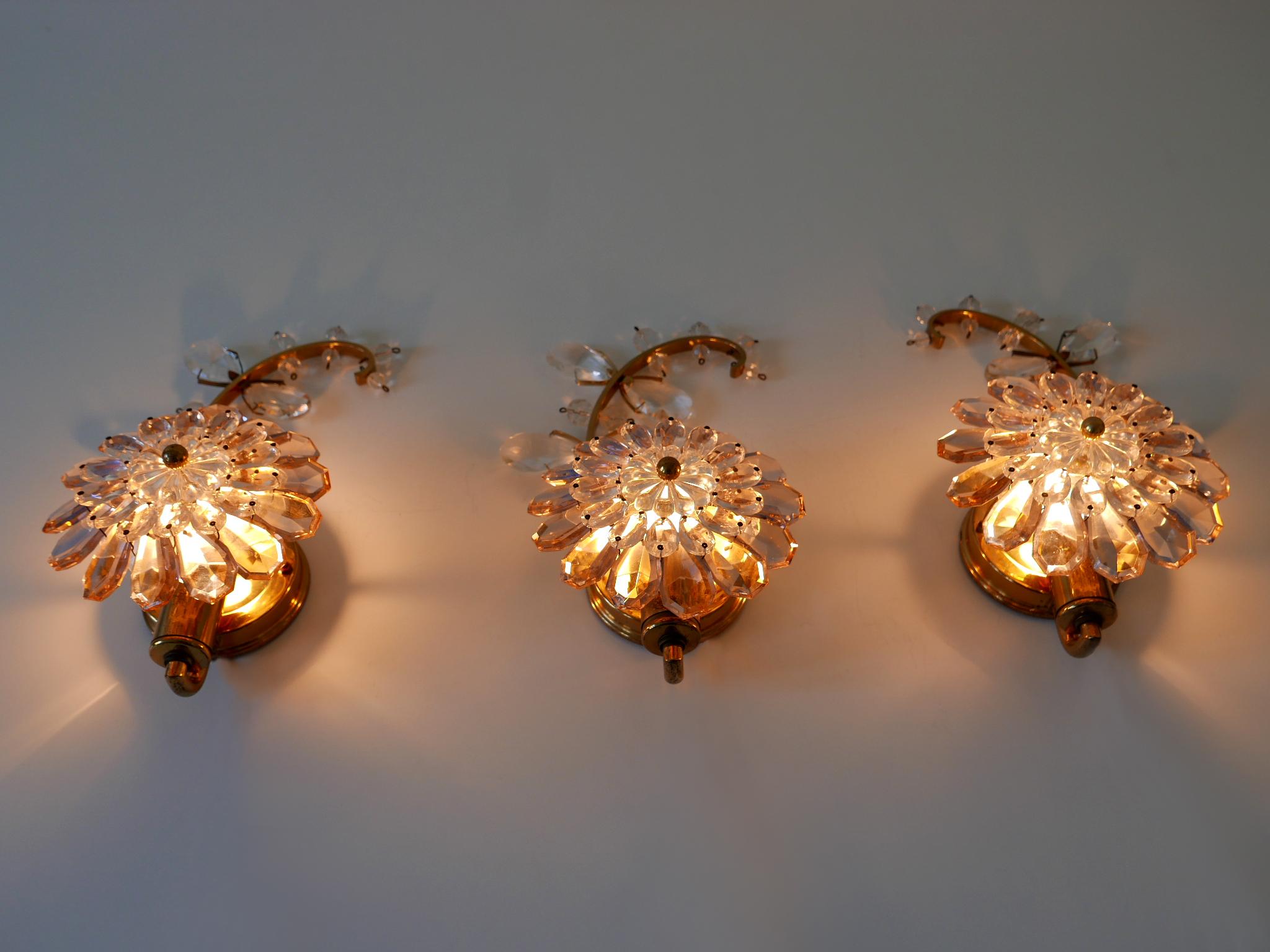 Set of Three Palwa Iridescent Crystal Glass & Brass Flower Sconces or Wall Lamps For Sale 8