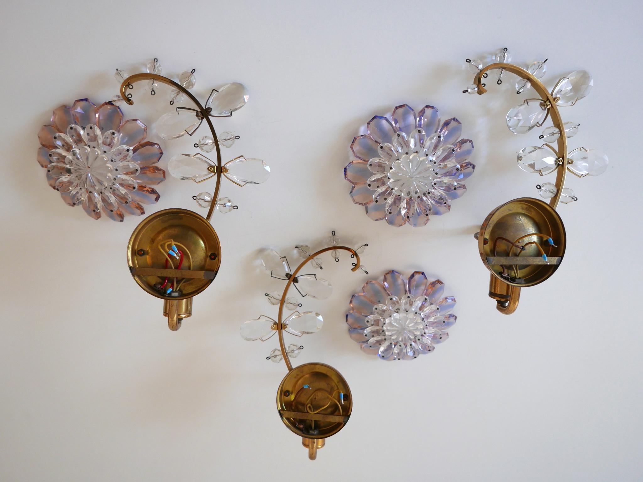 Set of Three Palwa Iridescent Crystal Glass & Brass Flower Sconces or Wall Lamps For Sale 12