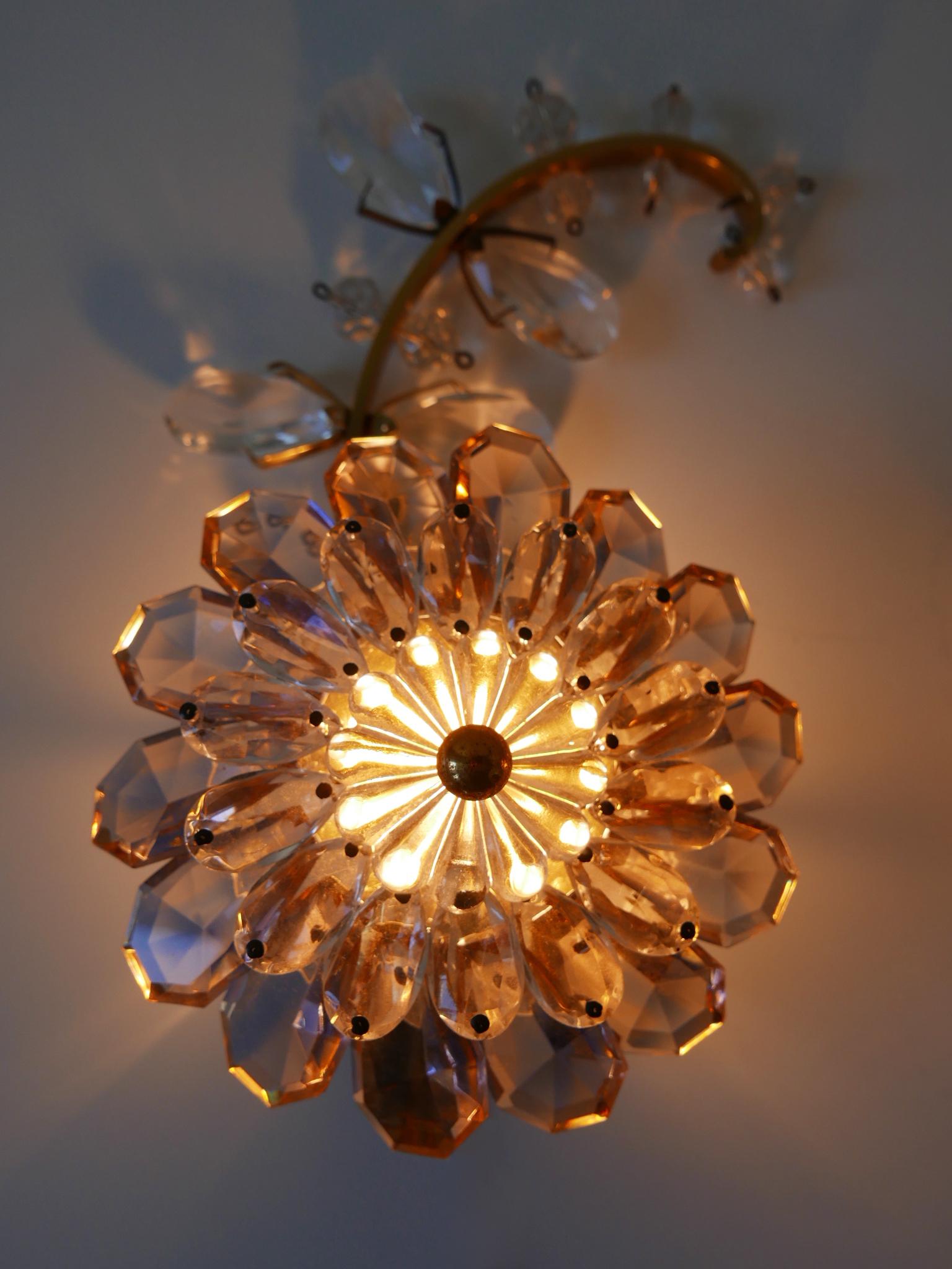 German Set of Three Palwa Iridescent Crystal Glass & Brass Flower Sconces or Wall Lamps