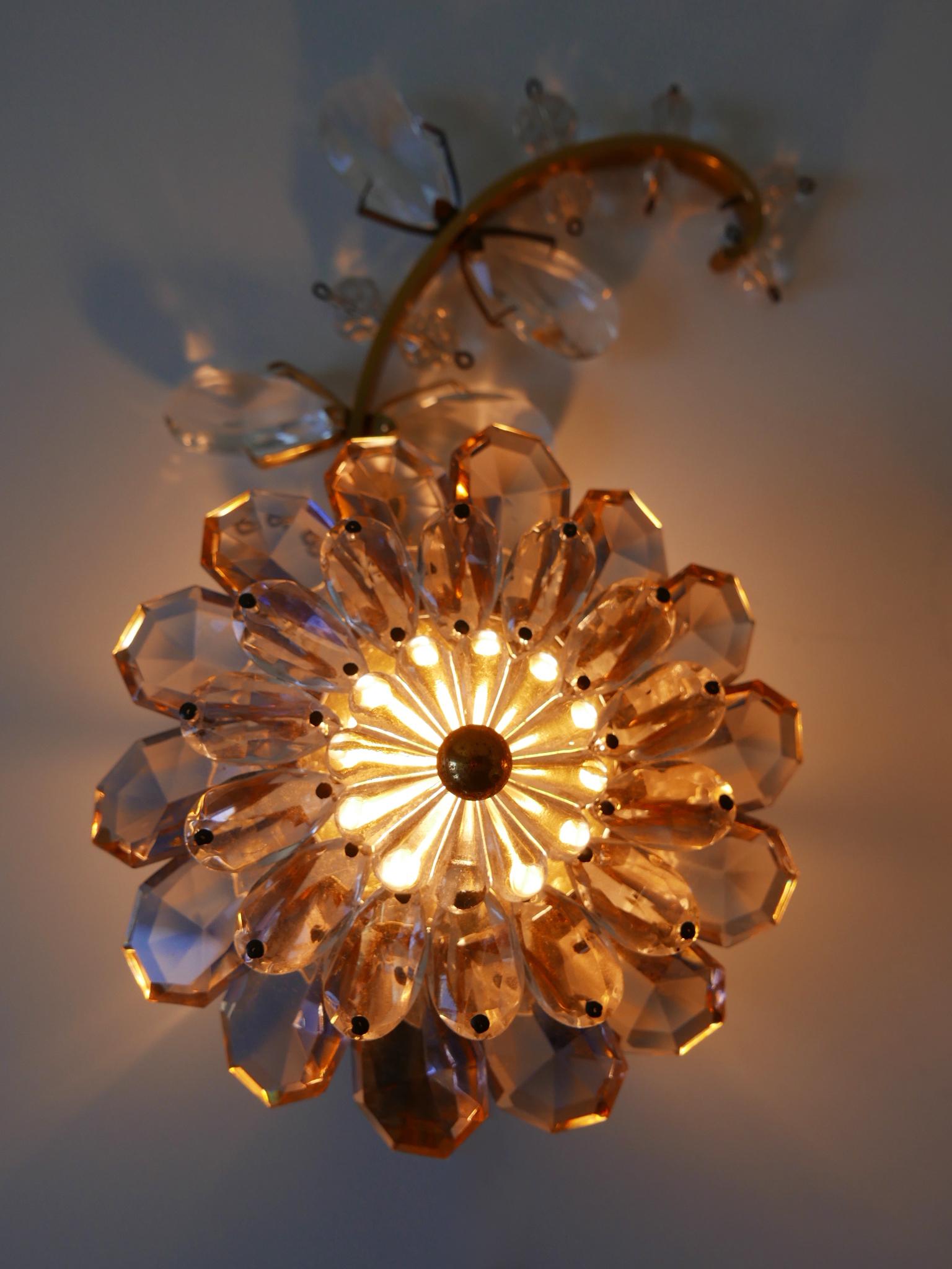 German Set of Three Palwa Iridescent Crystal Glass & Brass Flower Sconces or Wall Lamps For Sale