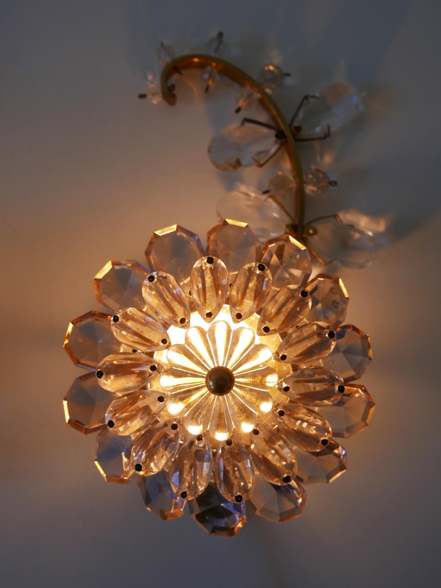 Set of Three Palwa Iridescent Crystal Glass & Brass Flower Sconces or Wall Lamps In Good Condition For Sale In Munich, DE