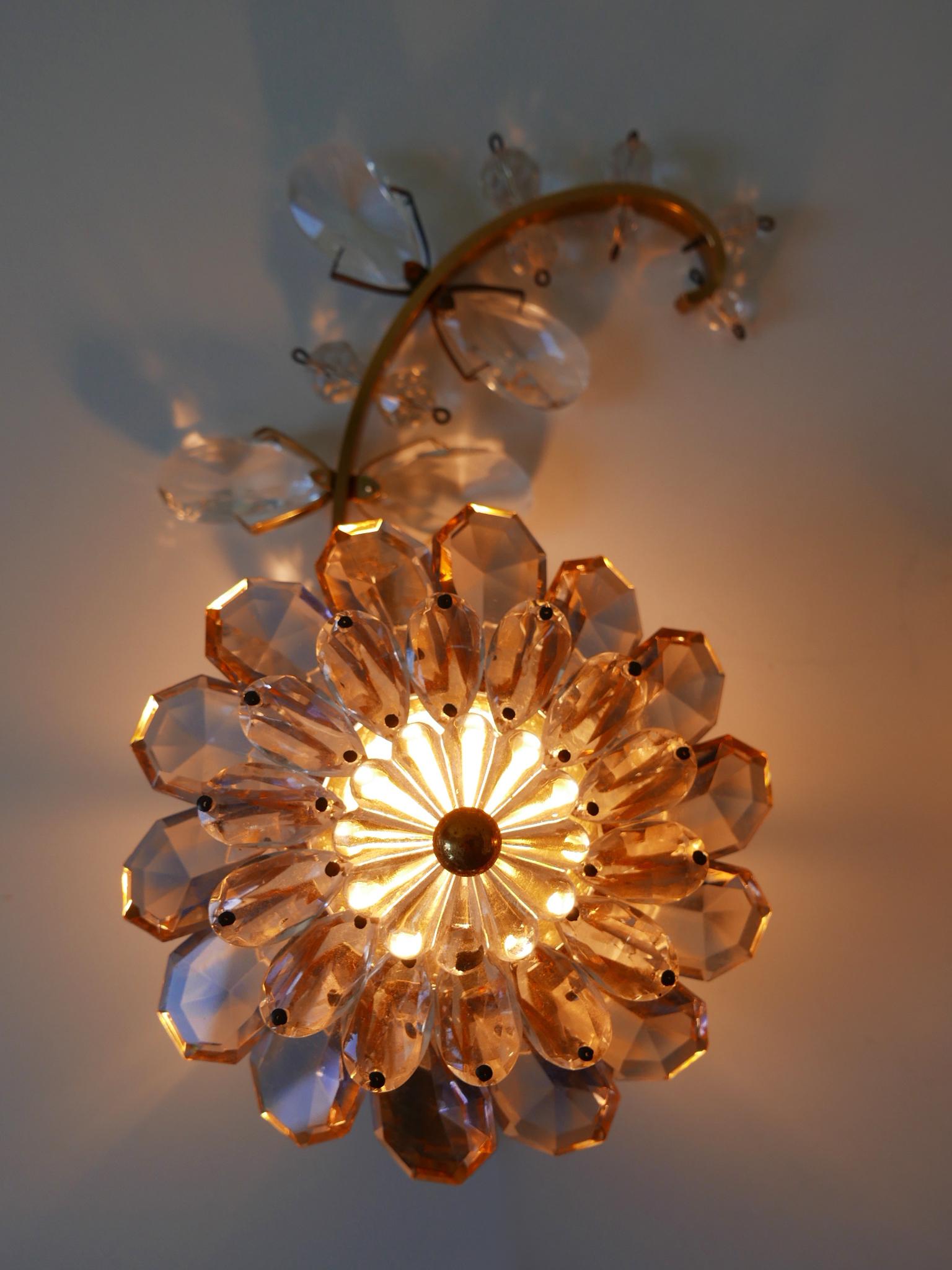Set of Three Palwa Iridescent Crystal Glass & Brass Flower Sconces or Wall Lamps 1