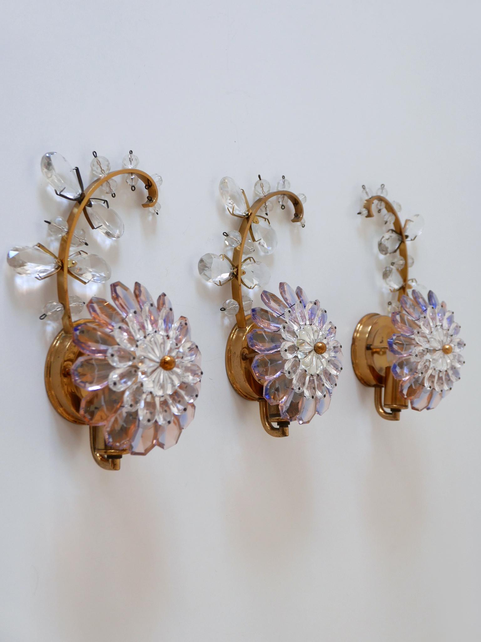 Set of Three Palwa Iridescent Crystal Glass & Brass Flower Sconces or Wall Lamps For Sale 2