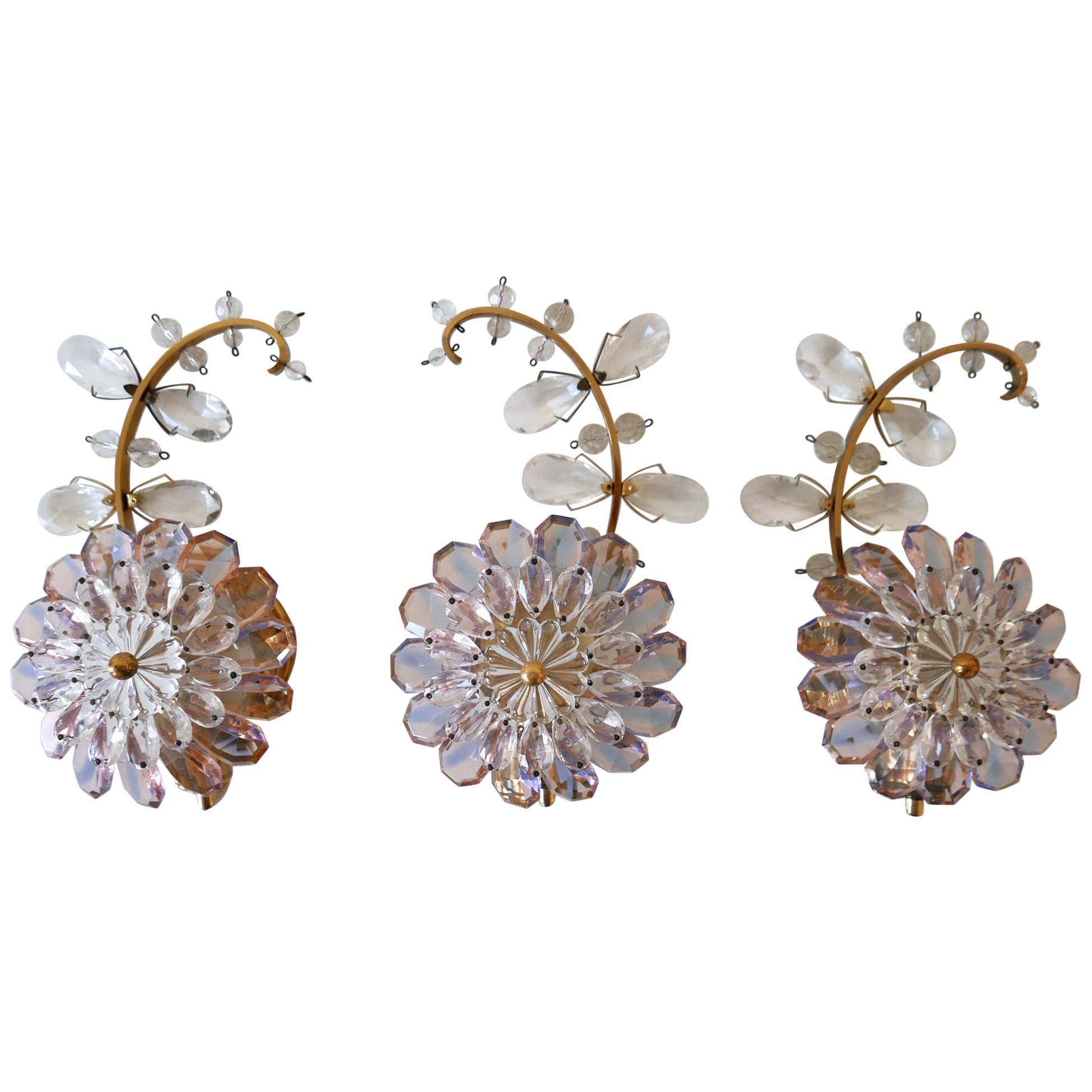 Set of Three Palwa Iridescent Crystal Glass & Brass Flower Sconces or Wall Lamps For Sale