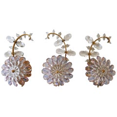 Set of Three Palwa Iridescent Crystal Glass & Brass Flower Sconces or Wall Lamps
