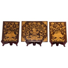 Set of Three Panels in Wood with Marquetry Inlay, Flower Patterns, 19th Century