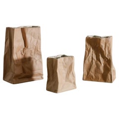 Vintage Set of Three "Paper Bag" Stoneware Ceramic Vases by Tapio Wirkkala, 1970s