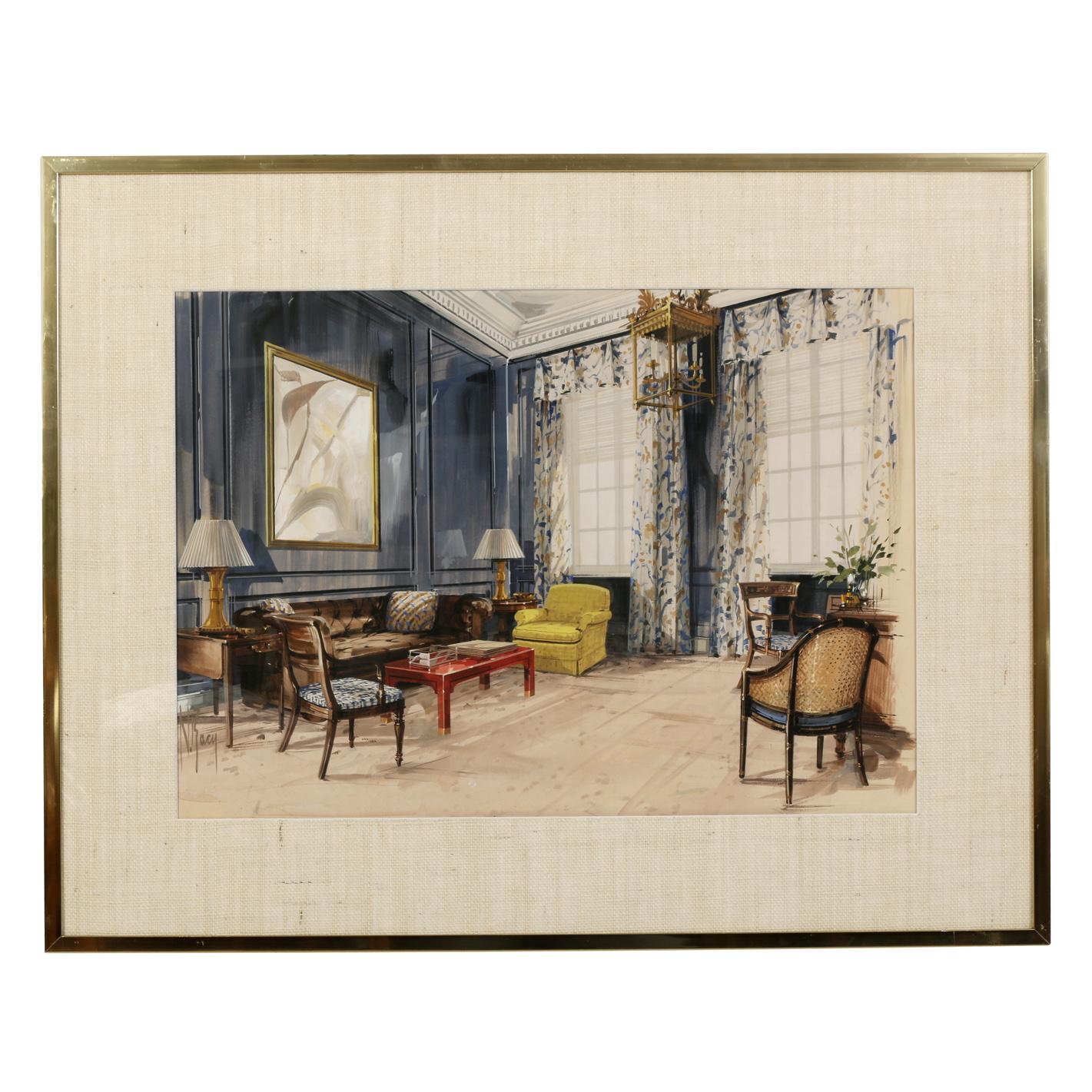 Un ensemble de trois aquarelles de salon de Parish-Hadley, récemment montées sur toile de raphia dans un cadre doré. La pièce bleue mesure 35,25
