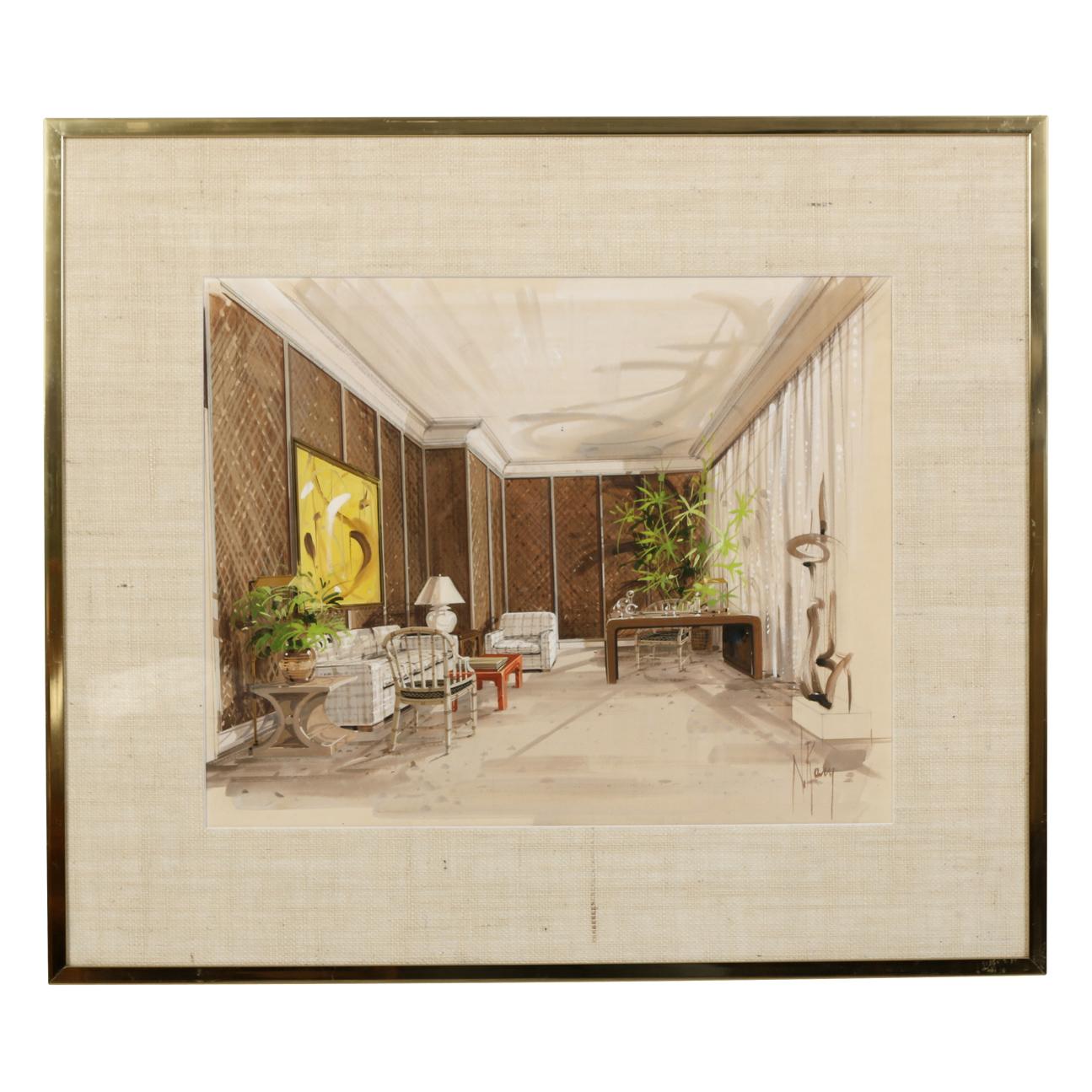Conjunto de tres representaciones de habitaciones en acuarela original de Parish - Hadley, c. 1980 siglo XX en venta