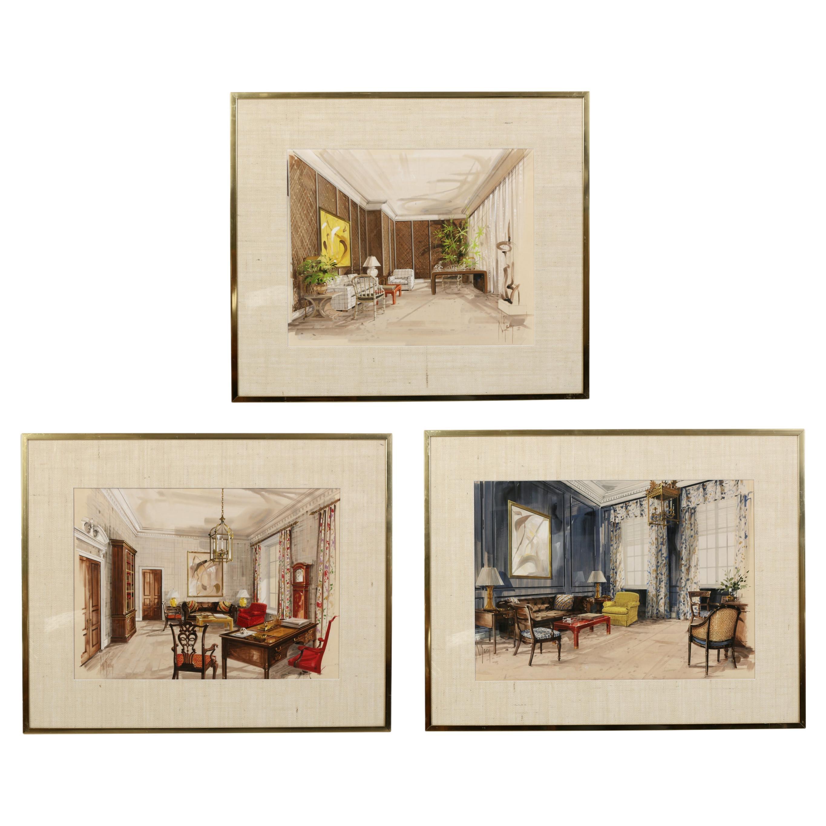 Conjunto de tres representaciones de habitaciones en acuarela original de Parish - Hadley, c. 1980