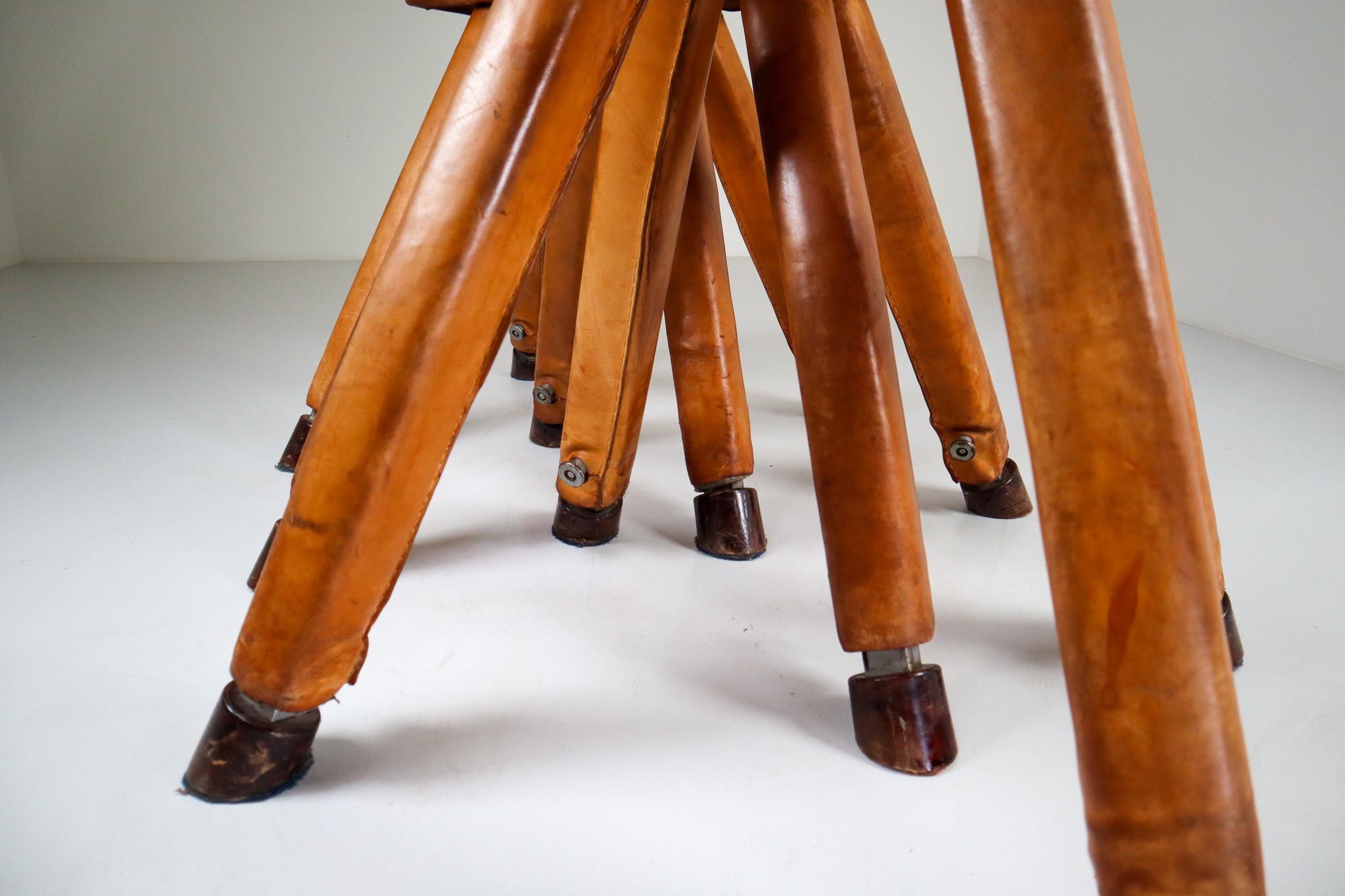 Set of Three Patinated Cognac Leather Covered Beechwood Gym Horses, 1950s In Good Condition In Almelo, NL