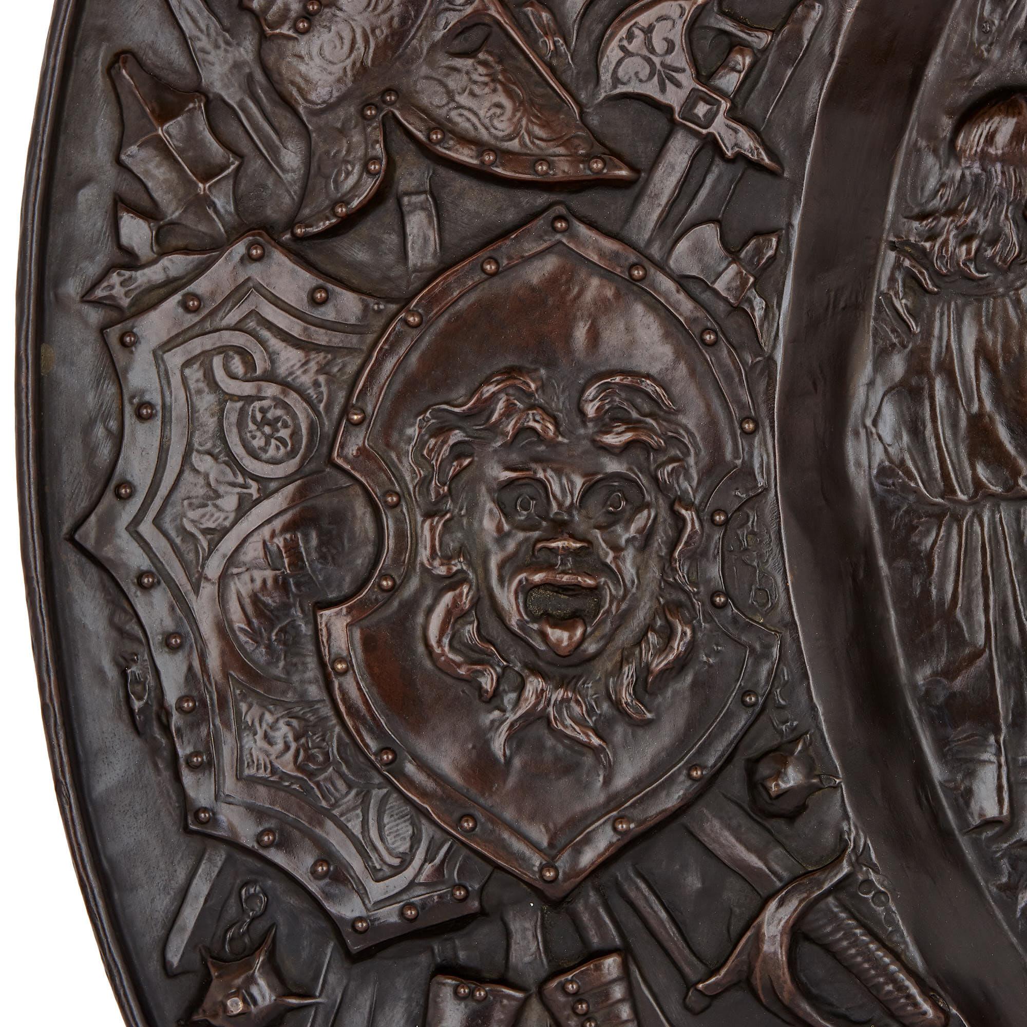 19th Century Set of Three Patinated Copper Panels with Repoussé Scenes For Sale