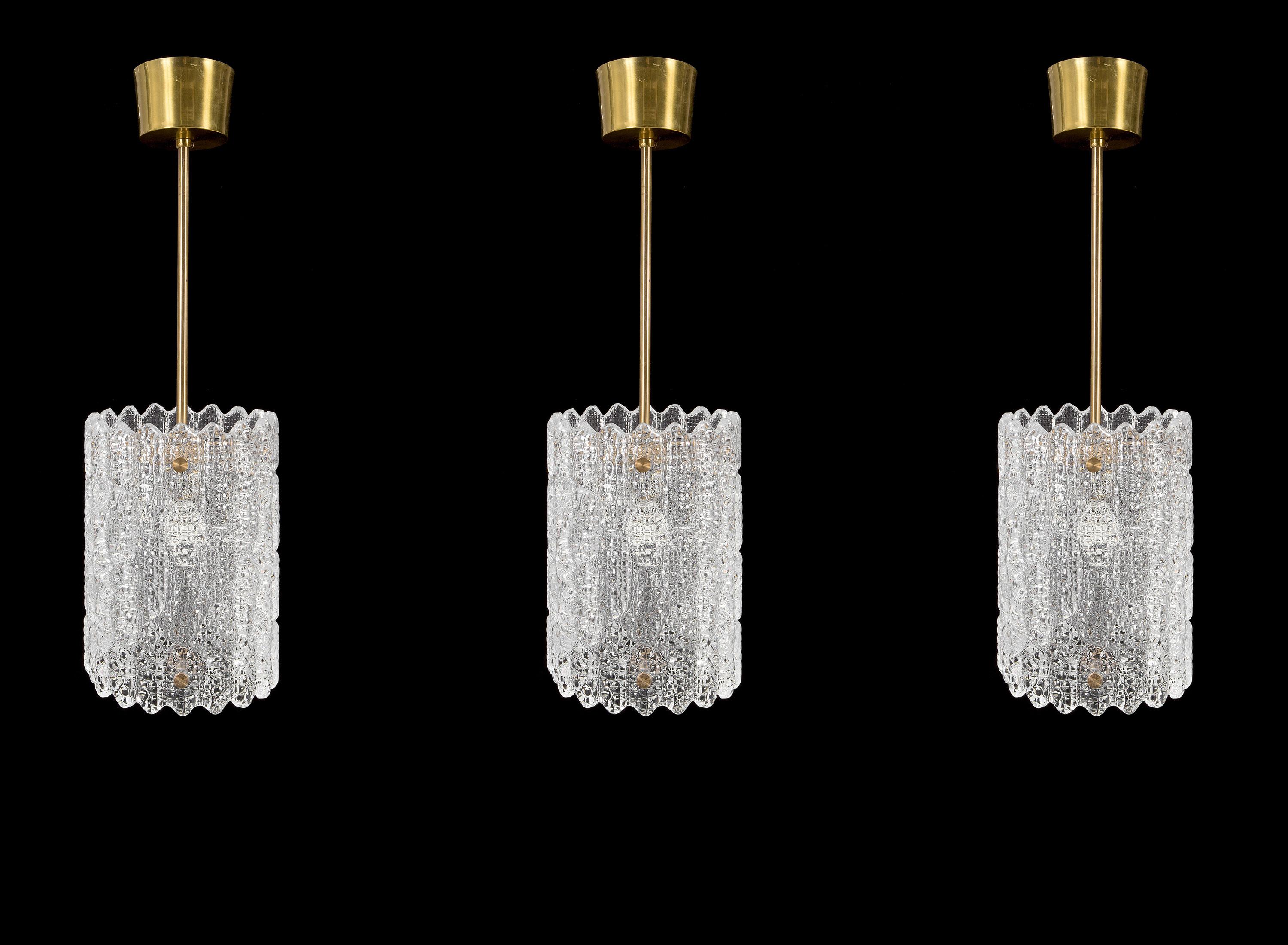 Scandinavian Set of Three Pendant Lamps by Carl Fagerlund for Orrefors, Sweden, 1970s