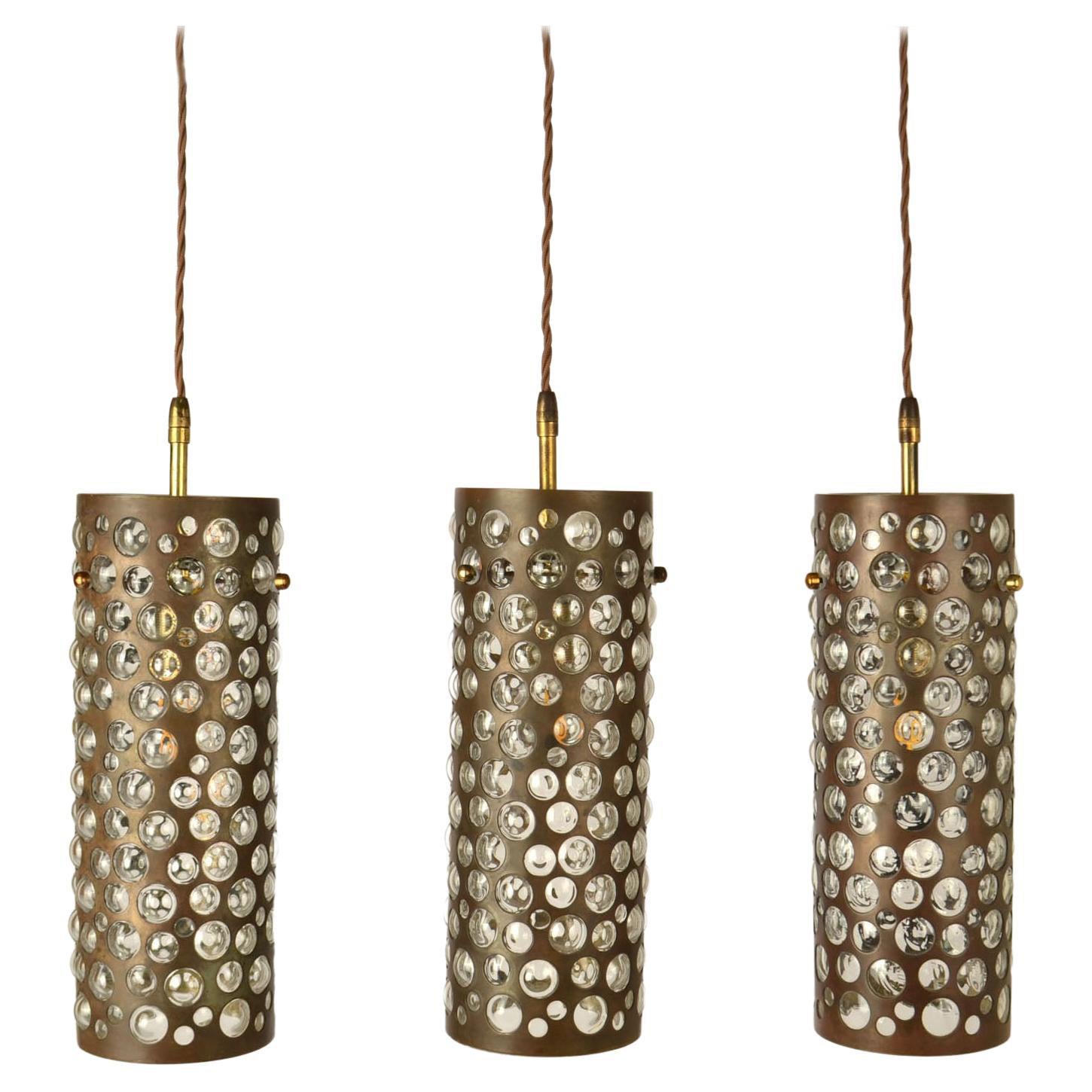 Set of Three Pendant Lamps by Rupert Nikoll, 1960 in brass and blown glass For Sale
