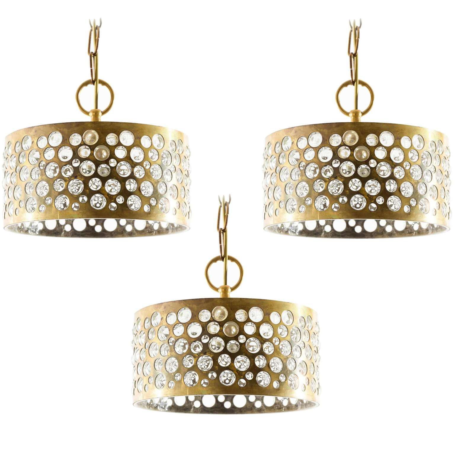 Set of Three Pendant Lights, Patinated Aged Brass Glass, Rupert Nikoll, 1960