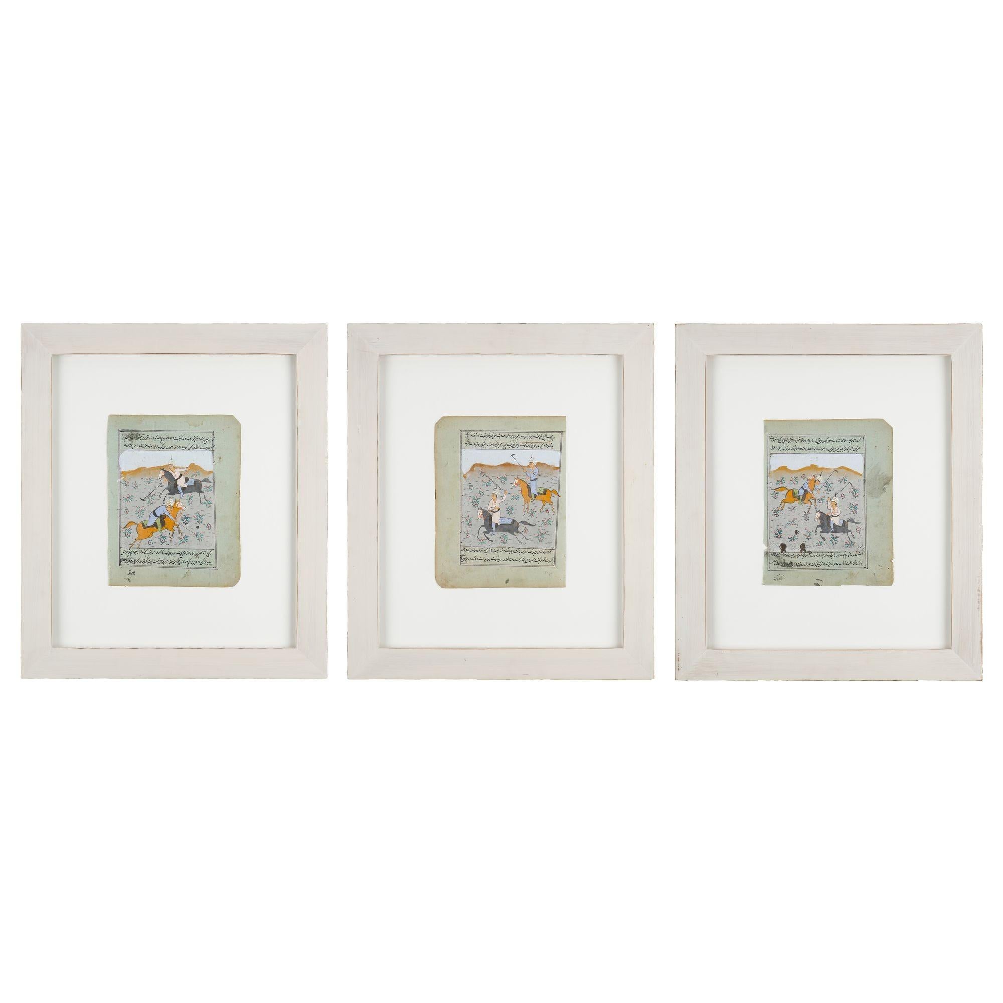 Three Persian miniature gouache paintings on hand laid paper of polo players on a flower covered field. All works have been archival mounted and framed under UV filtering plexiglass.

Iranian, 19th century.