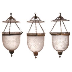 Set of Three Petite Antique Bell Jar Lanterns with Floral Etching