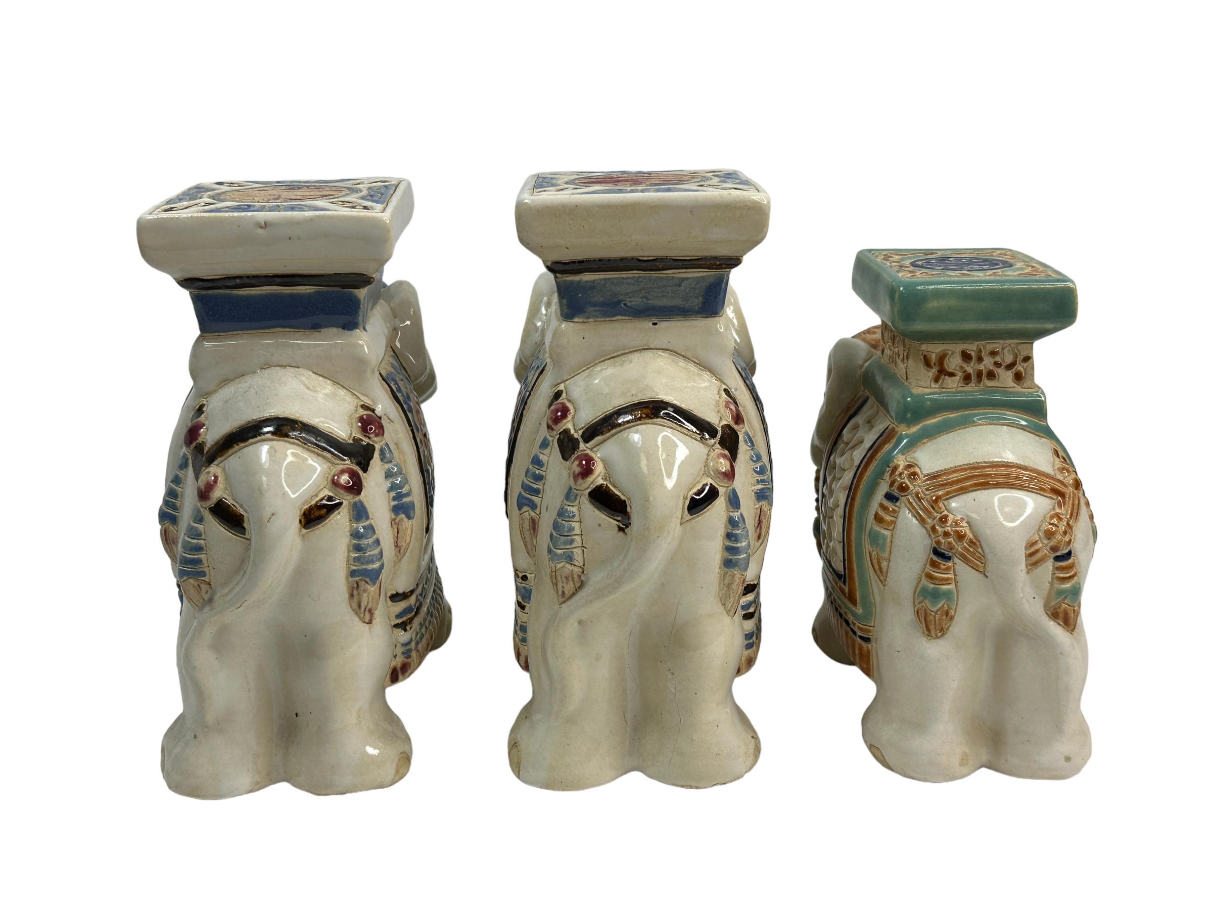 Ceramic Set of Three Petite Vintage Hollywood Regency Chinese Elephant Flower Pot Stand For Sale