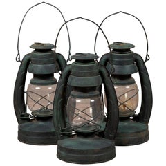 Set of Three Petite Vintage Metal Lanterns Found in India with Verdigris Patina