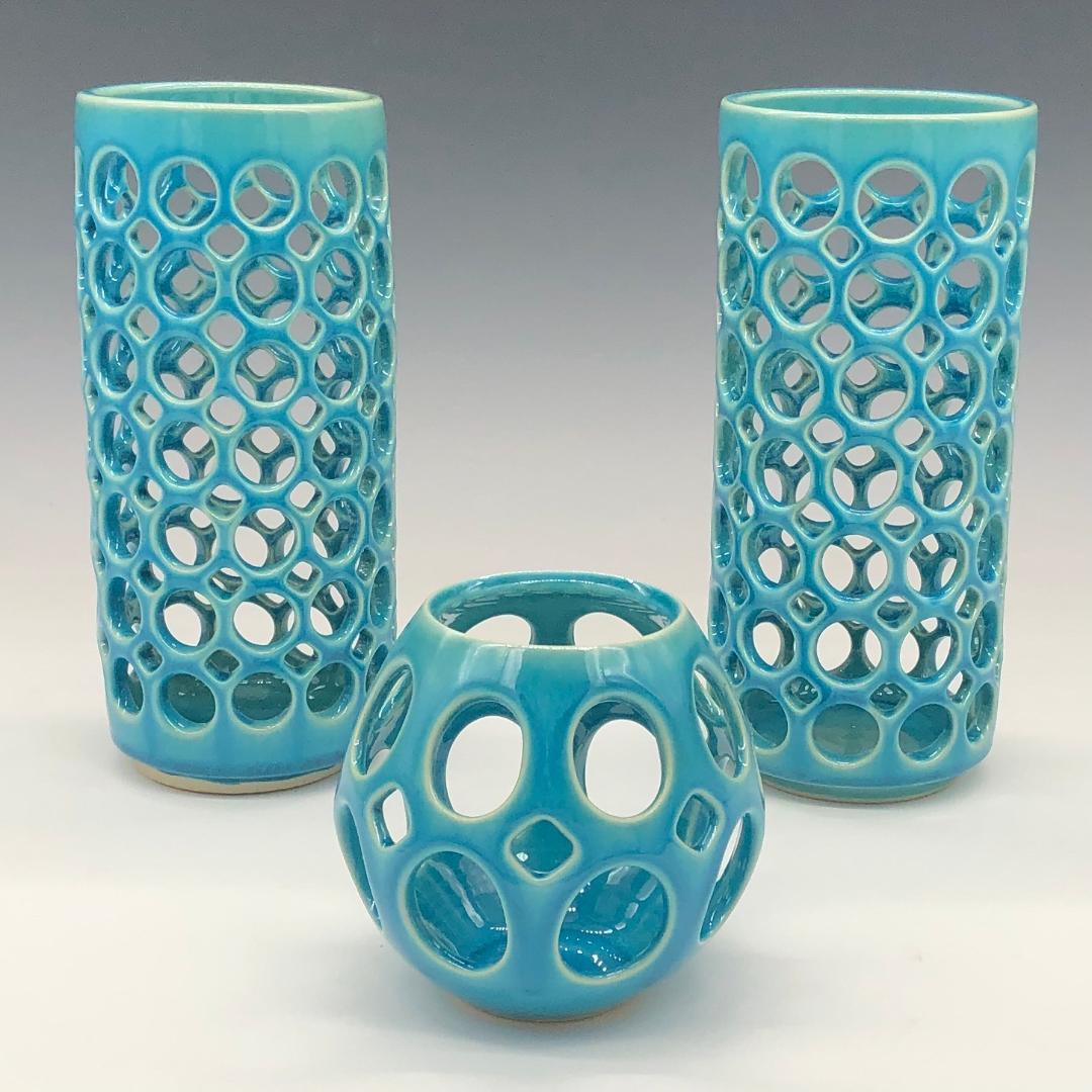 American Set of Three Pierced Turquoise Ceramic Tealight Candle Holders For Sale